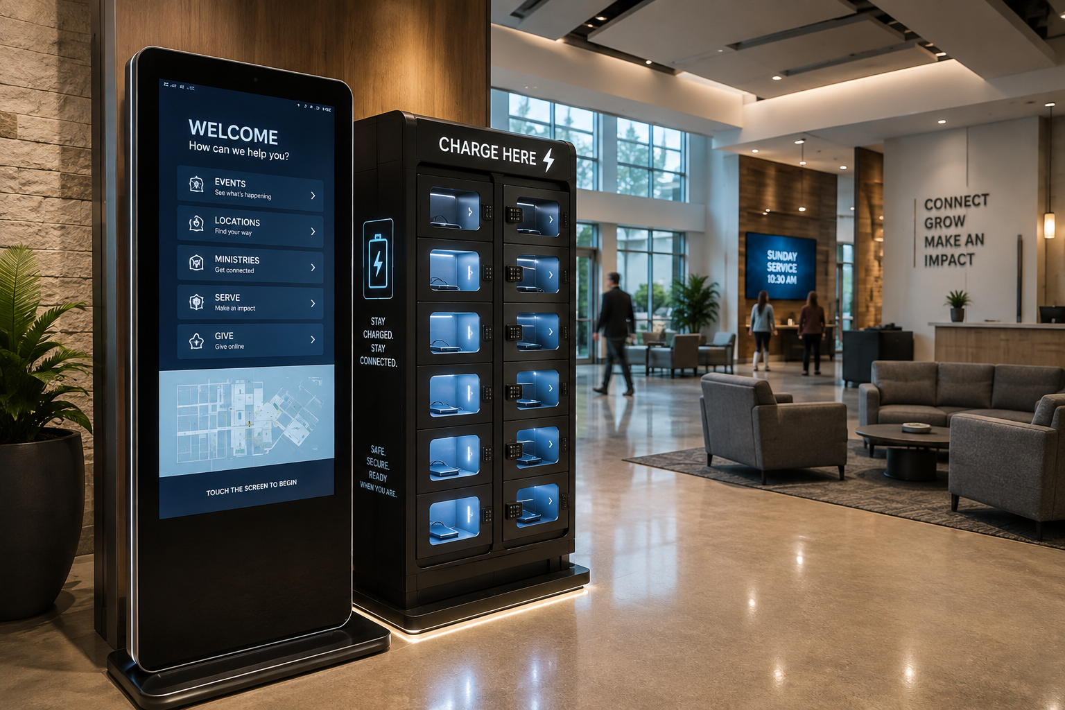 LED Digital information kiosk and charging station in a modern lobby with seating area and large windows.