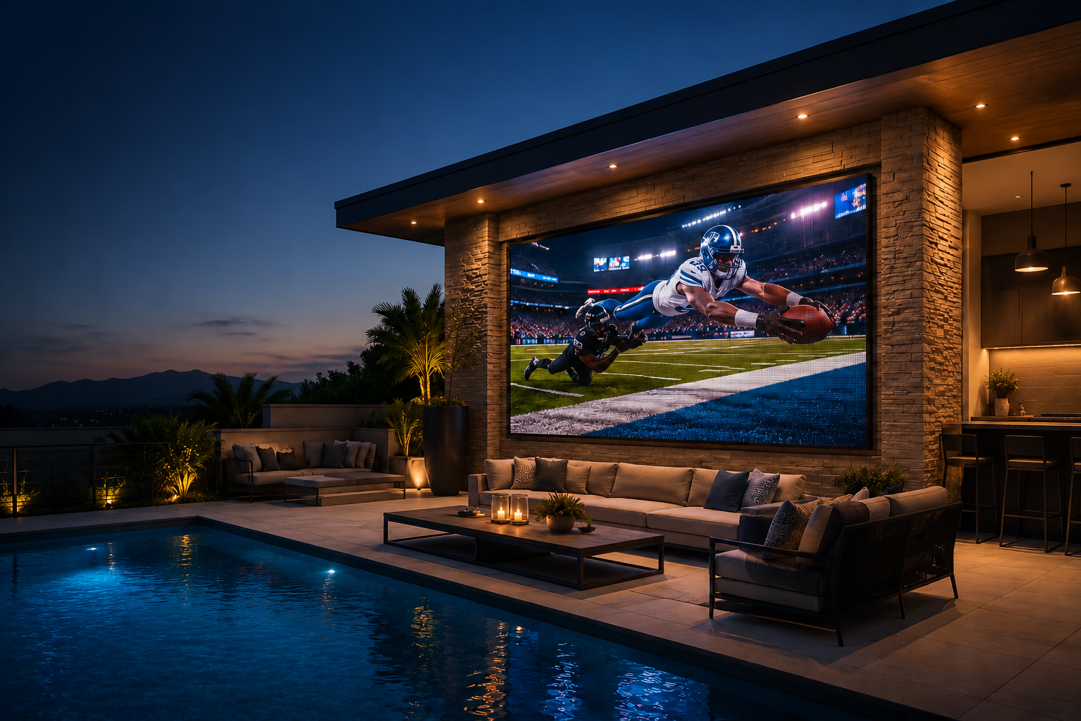 A modern outdoor living space with a large wall-mounted LED displaying an American football game, a swimming pool, outdoor seating, and plants, during the evening with a dark sky.