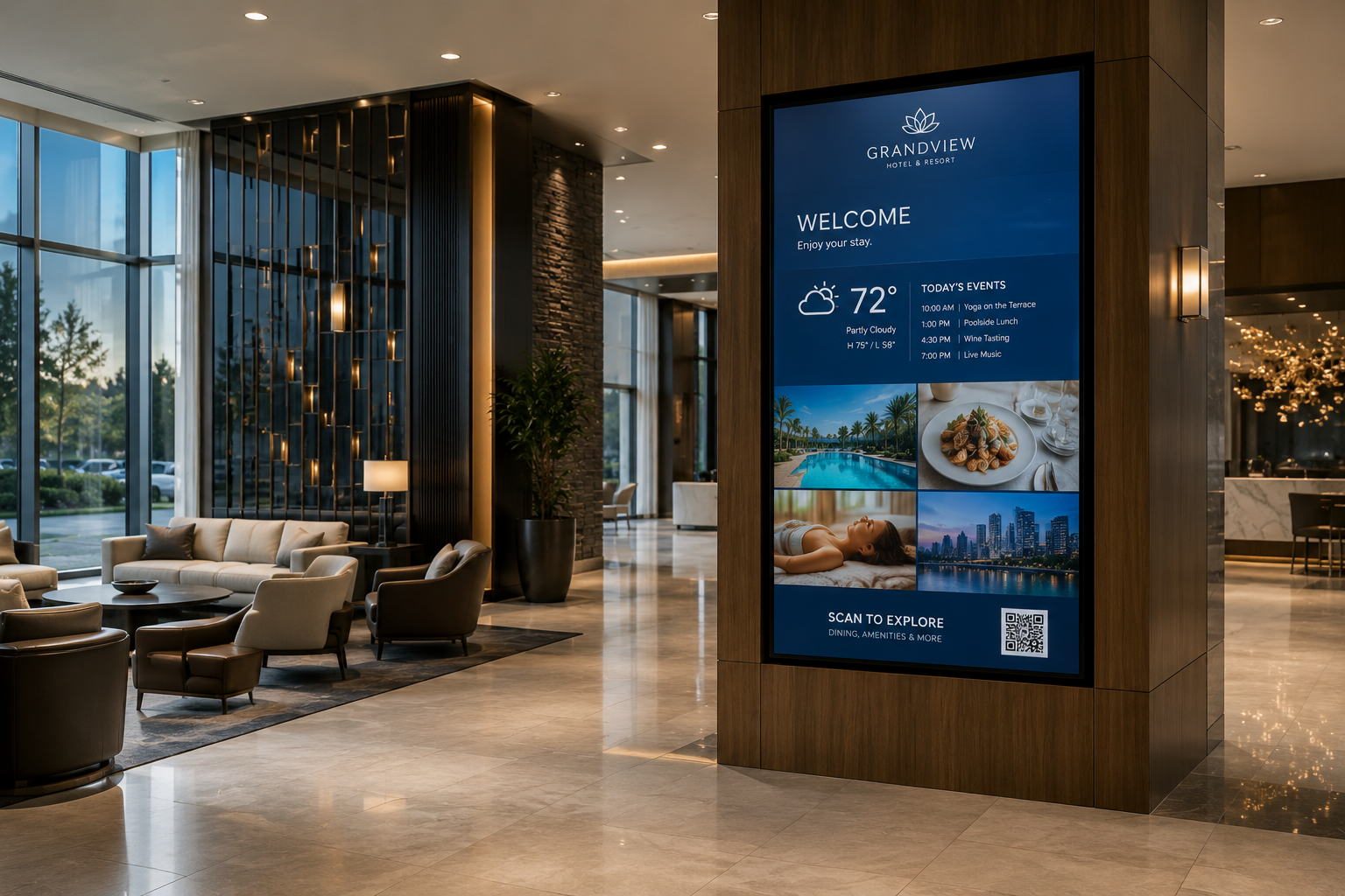 Modern hotel lobby with seating area, large LED digital information display, and large windows showing trees outside.
