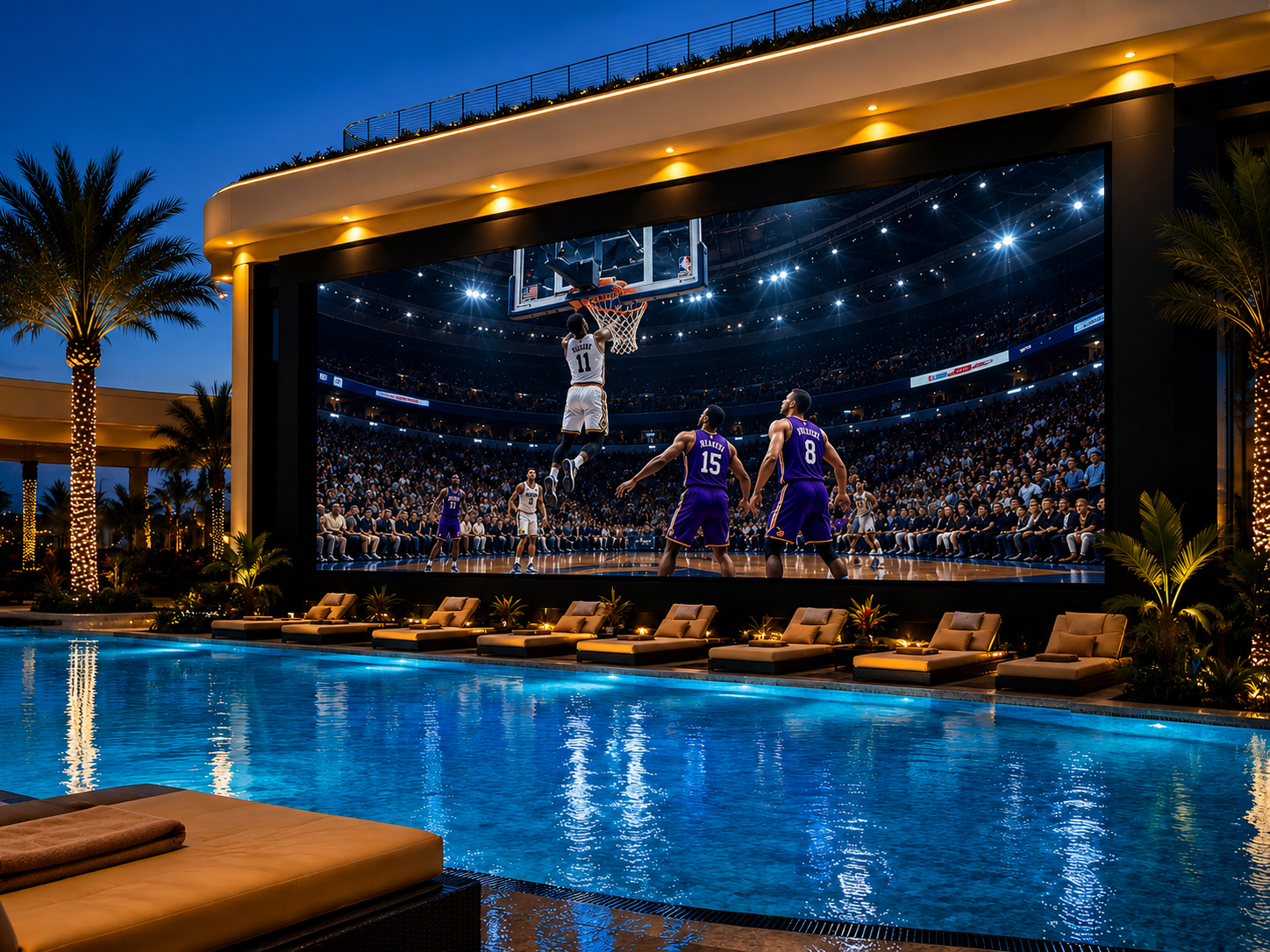 An outdoor pool area at night with a LED screen displaying a basketball game, palm trees decorated with string lights, lounge chairs along the poolside, and a clear blue swimming pool reflecting the lights.