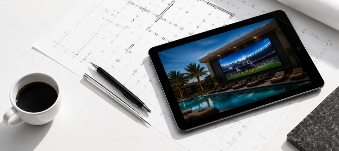 A tablet displaying a sports stadium with palm trees, placed on architectural blueprints with a pen, a cup of coffee, and a textured mat nearby on a white surface.