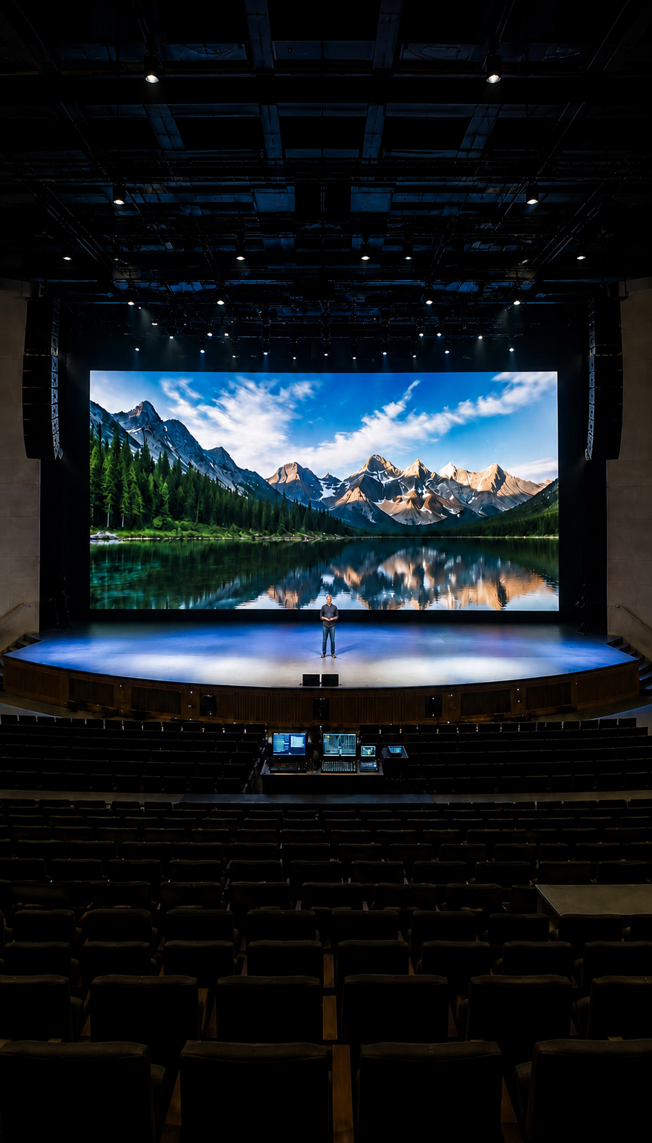 A large auditorium with rows of empty seats, a stage with a man standing on it, and a giant LED screen displaying a mountain landscape with snow-capped peaks, a lake, and a blue sky.