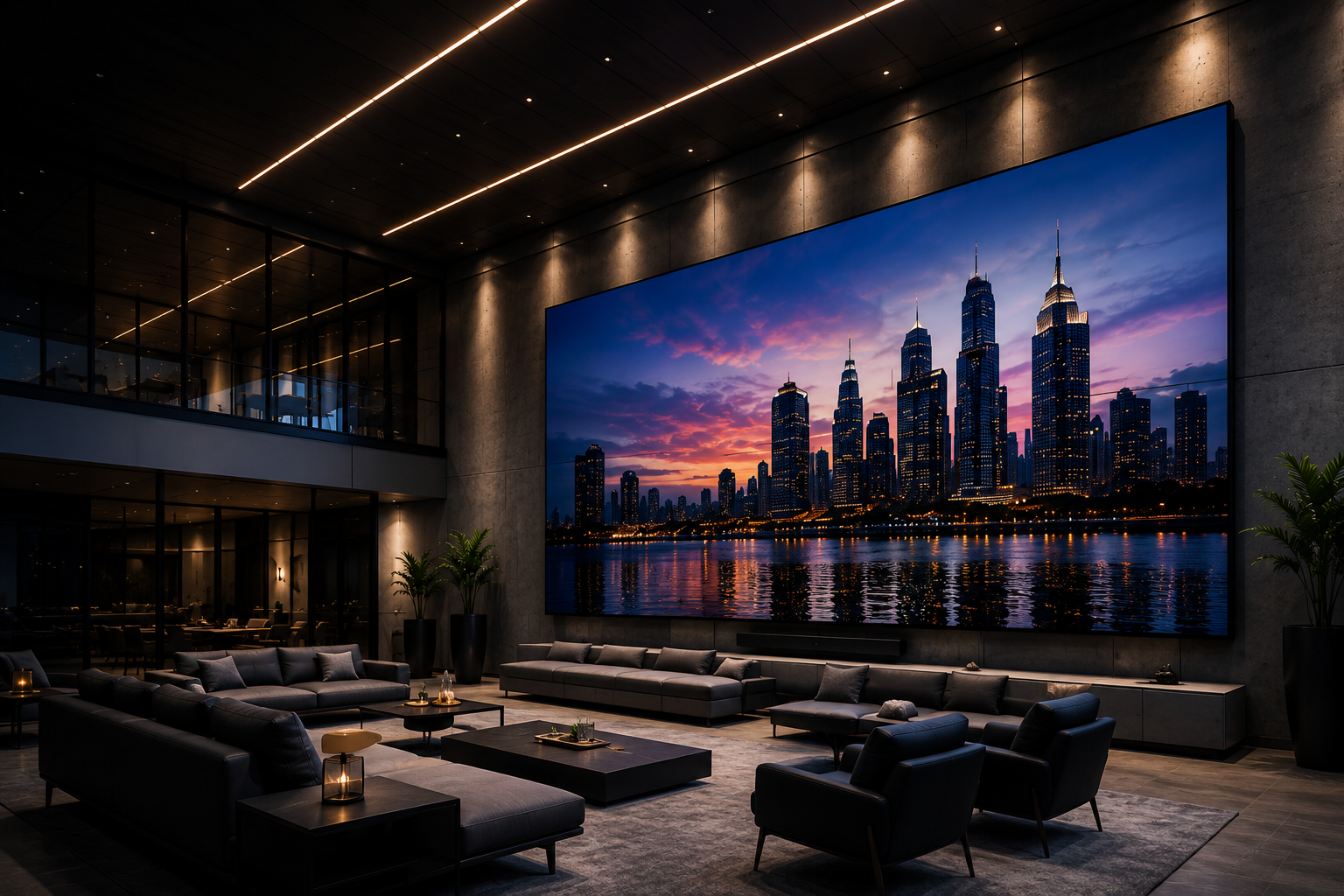 Luxury modern living room with large LED wall-mounted screen displaying city skyline at dusk, dark sofas, armchairs, plants, and dim lighting