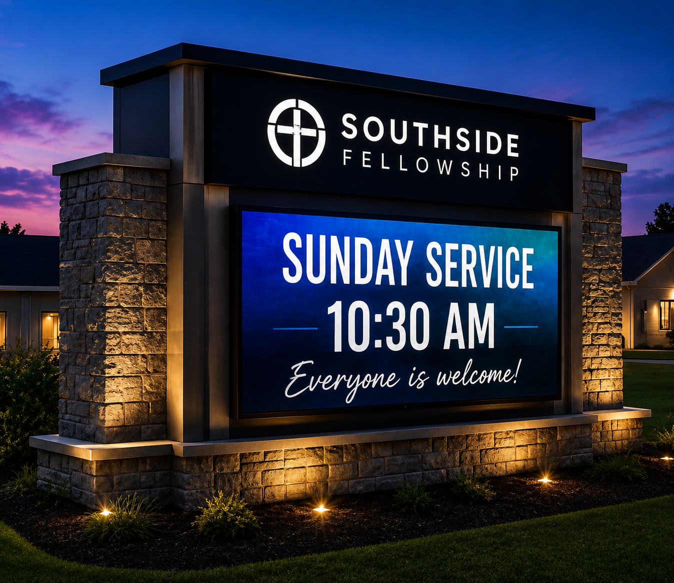 A lit LED sign or monument outside a church or religious building at sunset, with the logo and name 'Southside Fellowship'. The sign announces Sunday service at 10:30 AM and welcome everyone.