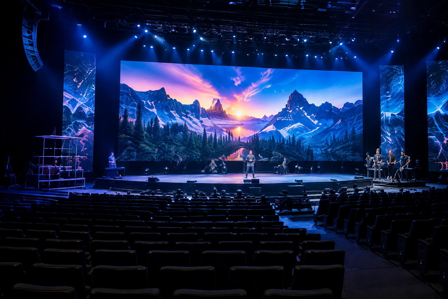 Concert stage with a large LED digital screen showing a mountain scene at sunset, with musicians performing and audience seats in the foreground.
