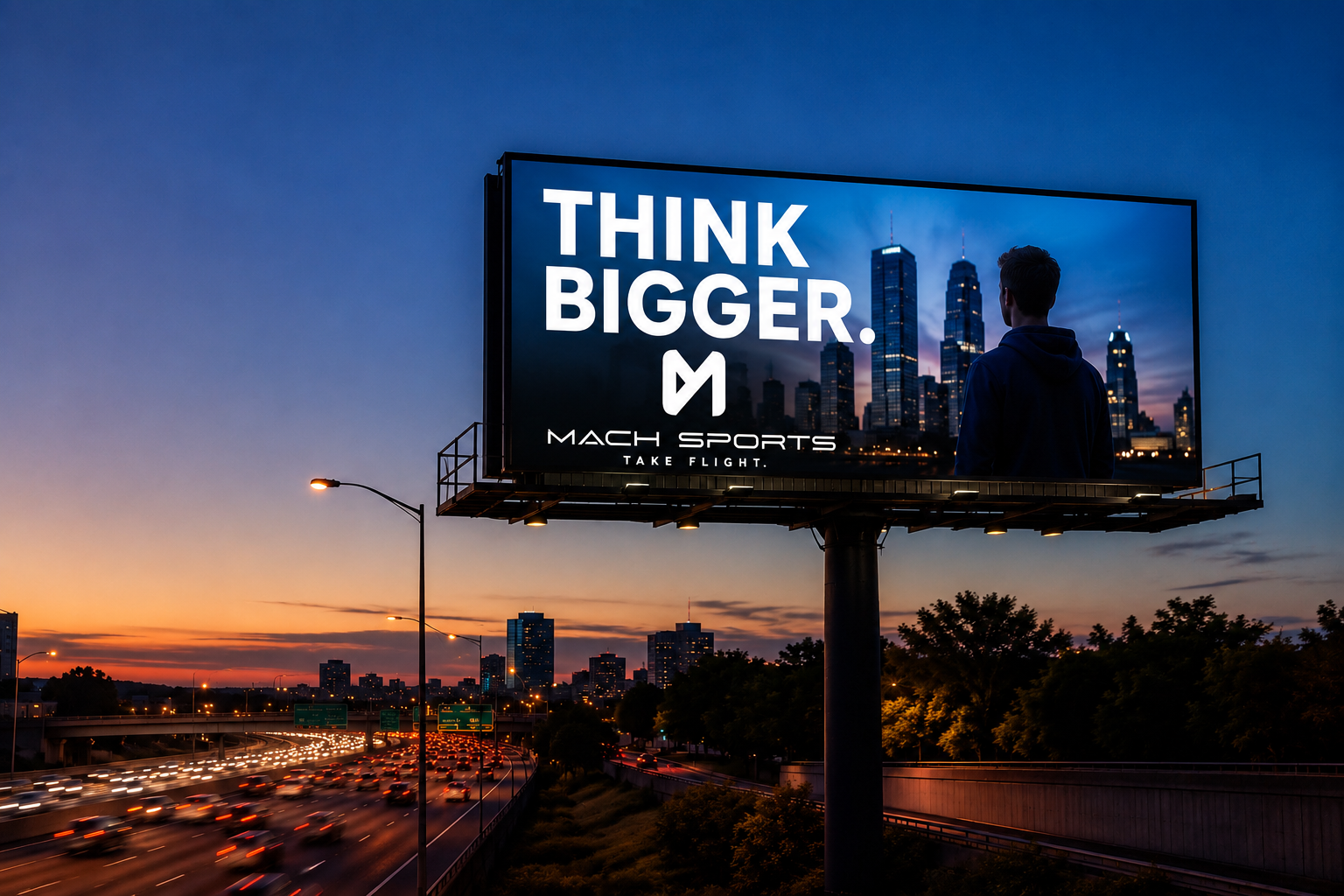 LED Billboard on a highway overpass at sunset with a city skyline in the background. The billboard displays the message 'THINK BIGGER' and 'MACH SPORTS TAKE FLIGHT.'