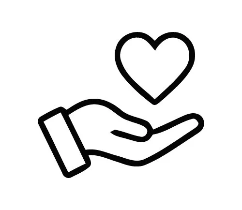 Icon of a hand with an open palm with a heart representing donations for the Colorado Children's Alliance.