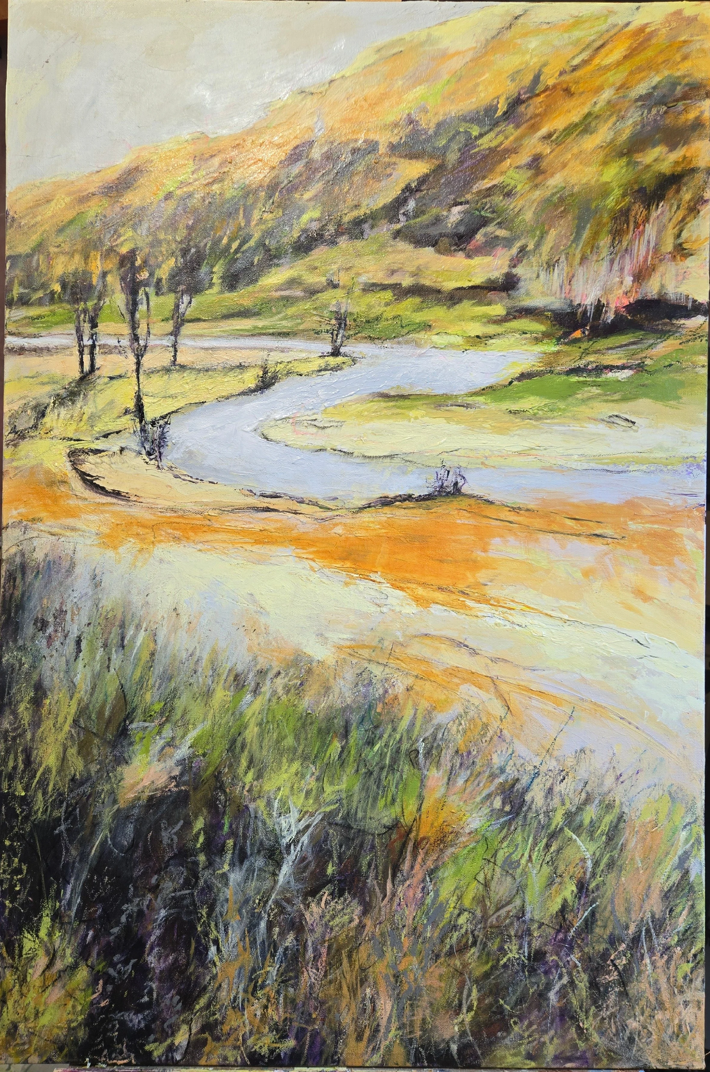 River Run: This painting presents a winding river cutting through a landscape of rolling hills and scattered trees. Inside me there is a river of life that will never dry up, that sustains me and gives me everlasting life.  Warm earth tones blend wit