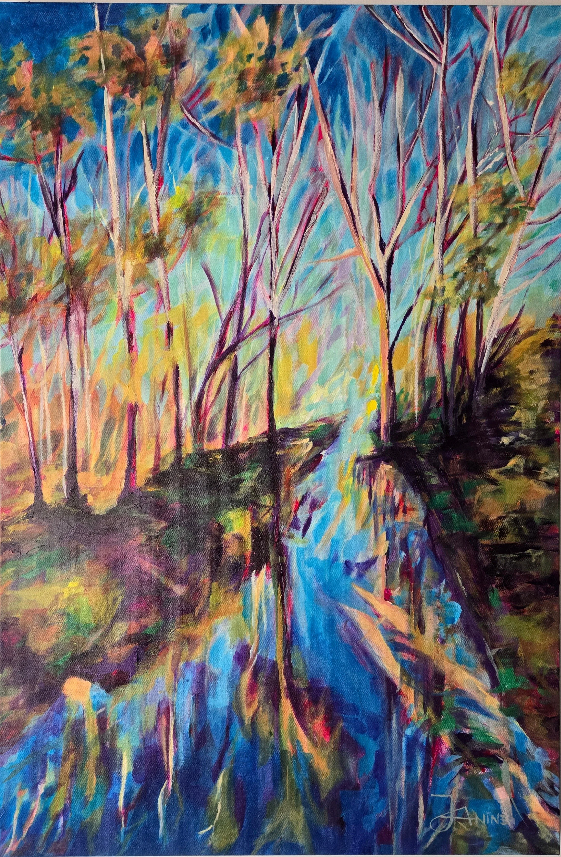 Joyful Dance: This painting presents a winding river cutting through a landscape of rolling hills and scattered trees. Inside me there is a river of life that will never dry up, that sustains me and gives me everlasting life.  Warm earth tones blend 
