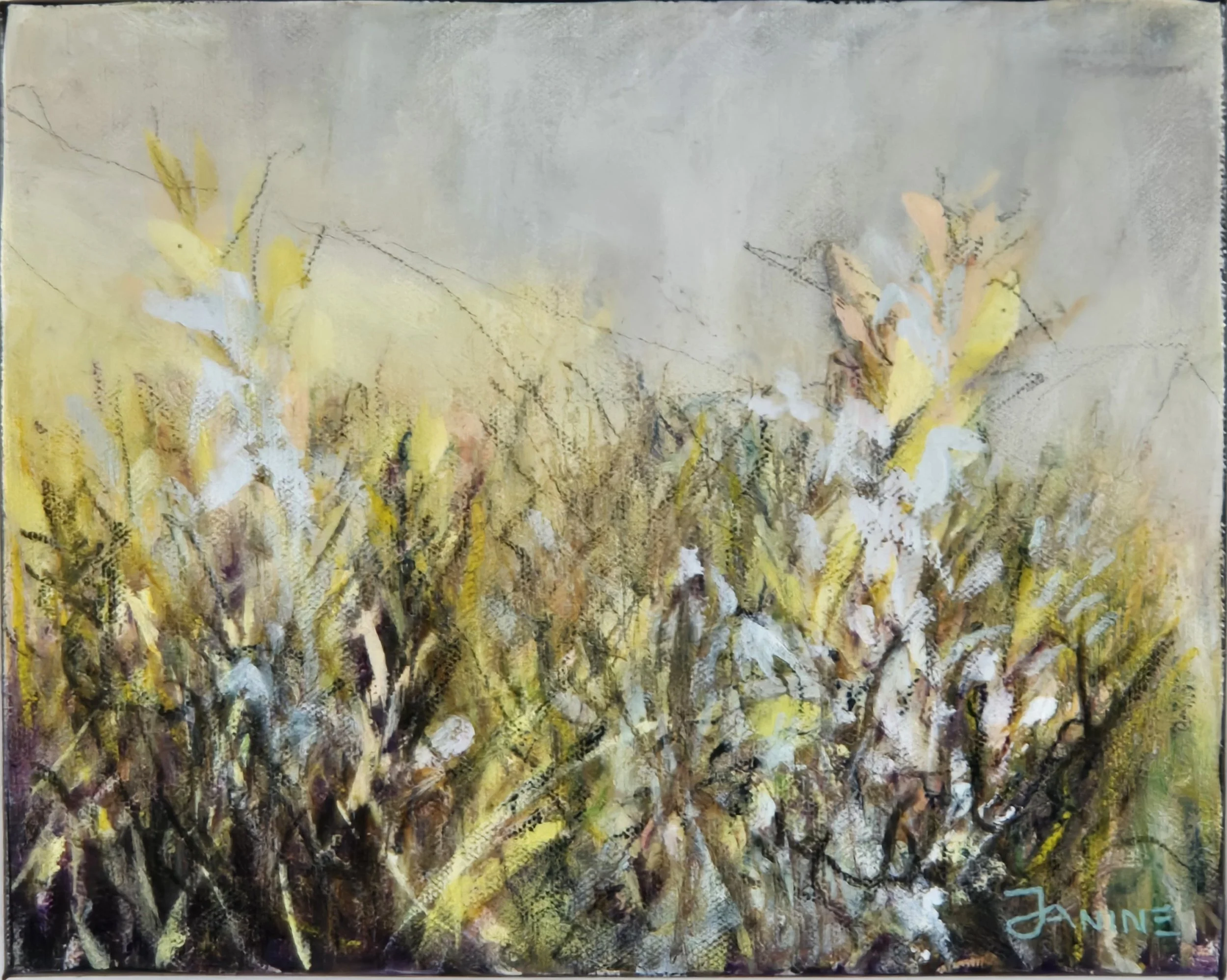 An abstract painting with vertical streaks of yellow, white, black, brown, and hints of purple and green, creating a textured, layered appearance.