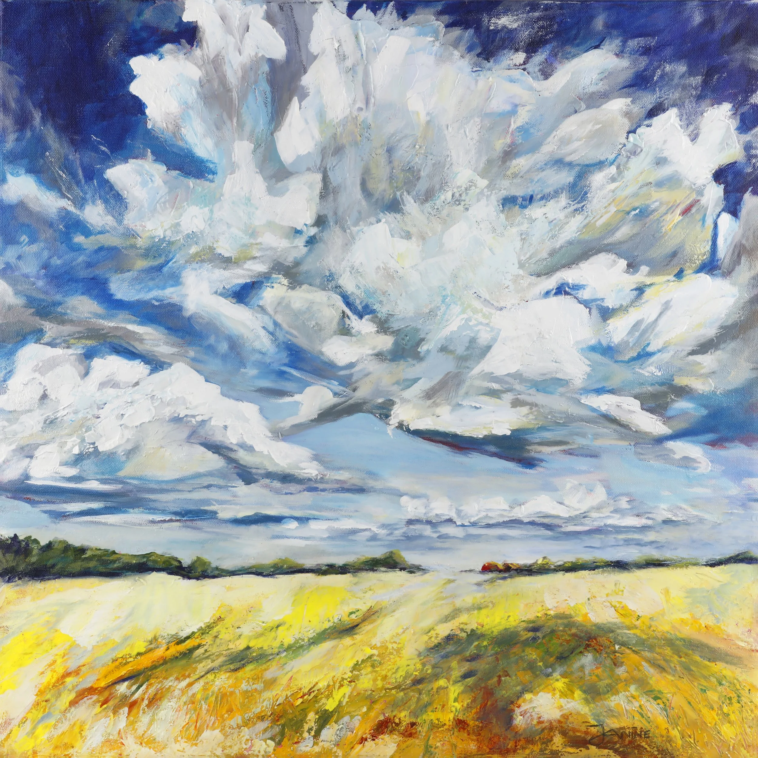 An abstract landscape painting with broad, textured brushstrokes depicting a sky filled with clouds and a bright, colorful field below, using shades of blue, white, yellow, green, and orange.