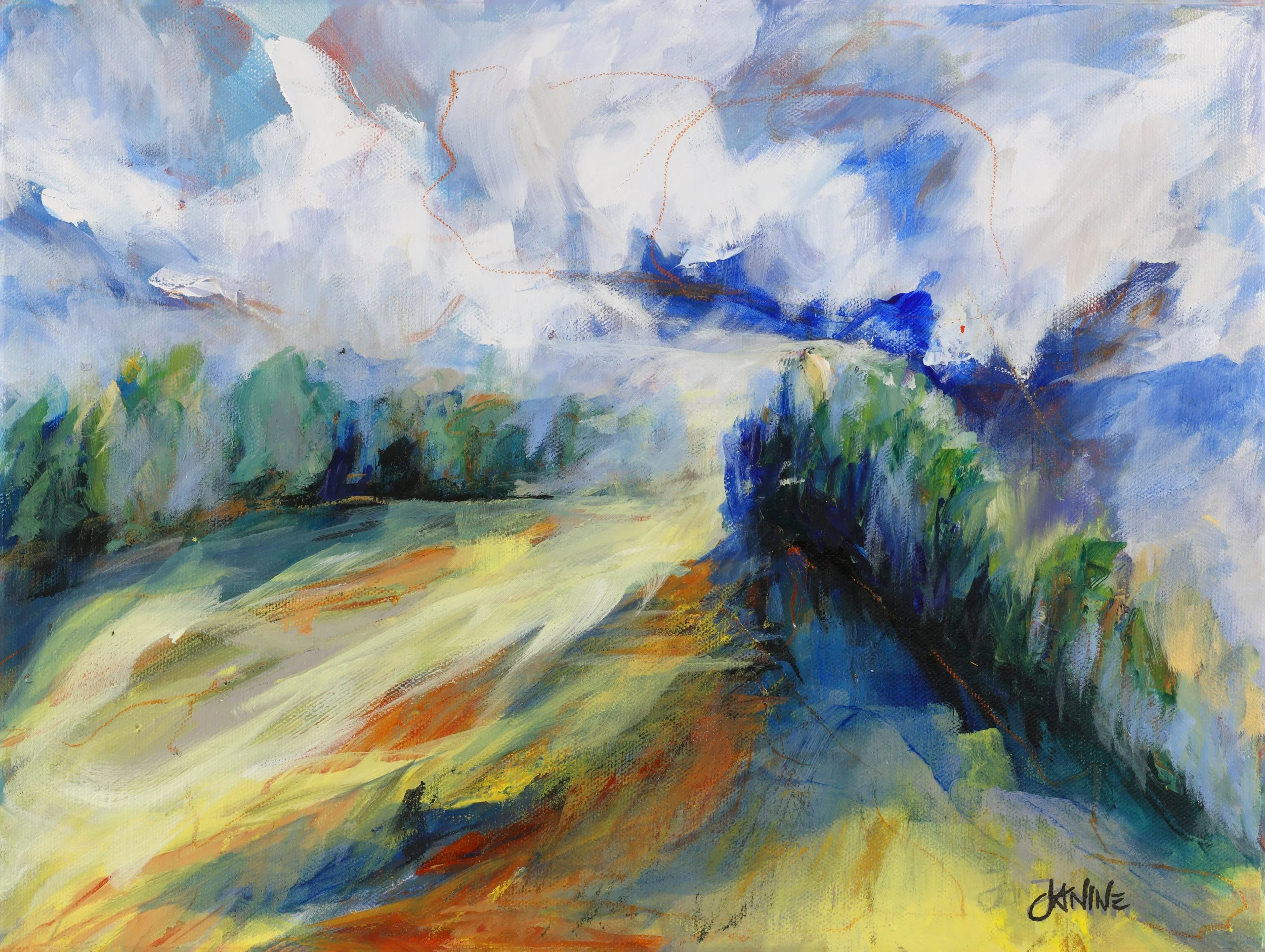 An abstract landscape painting with blue, green, yellow, white, black, and red brushstrokes. The sky is predominantly blue and white with some orange accents. The foreground features green and yellow colors representing grass or hills, with dark and bright streaks adding depth. The artist's signature is in the lower right corner.