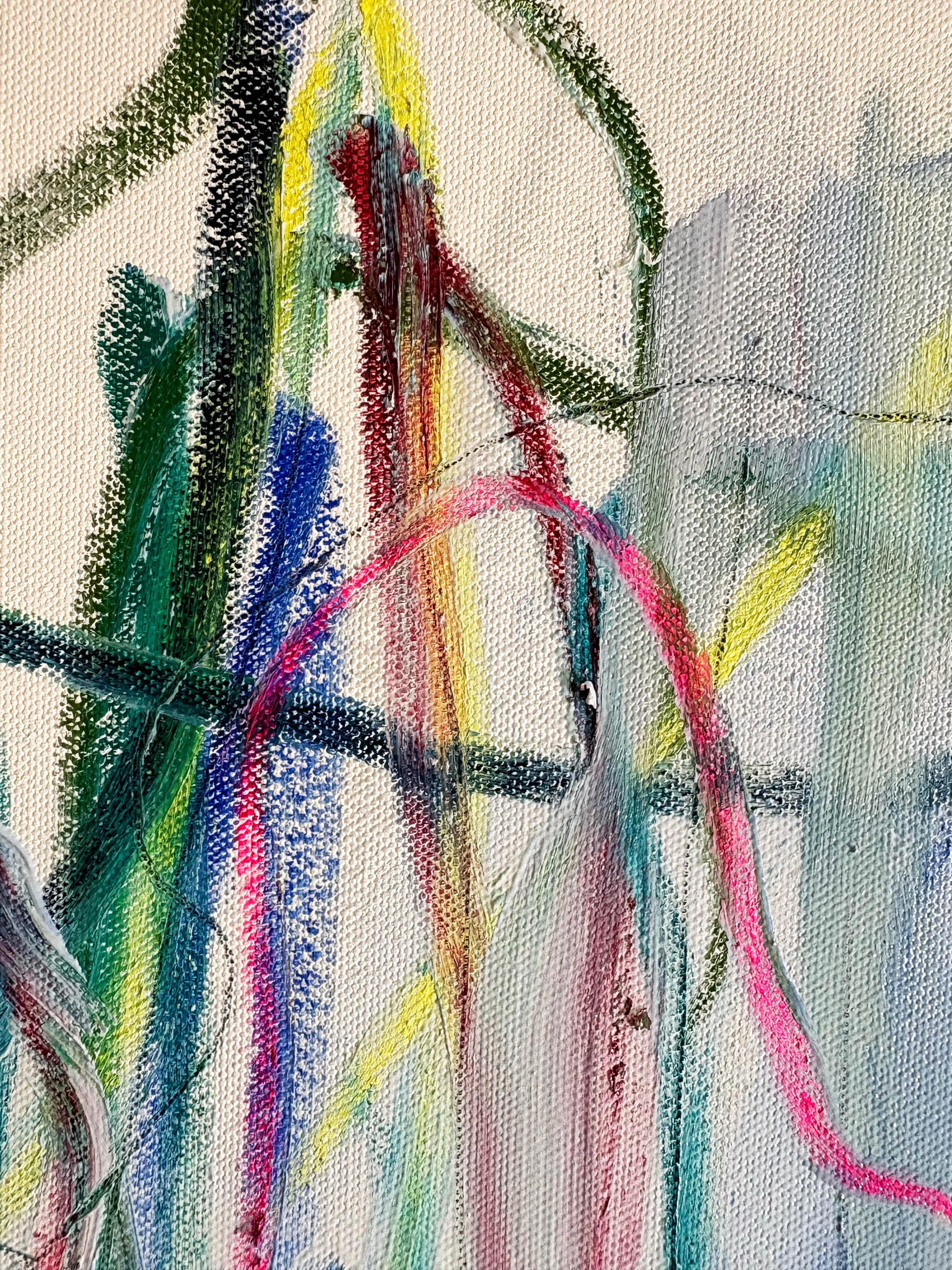 Close up of painting Where Lines Become Distance by Gedi Campbell, 120×150cm, large-scale oil paint and oil stick abstract painting on white gesso canvas from the Portals series. Features bold, sweeping directional gestures.