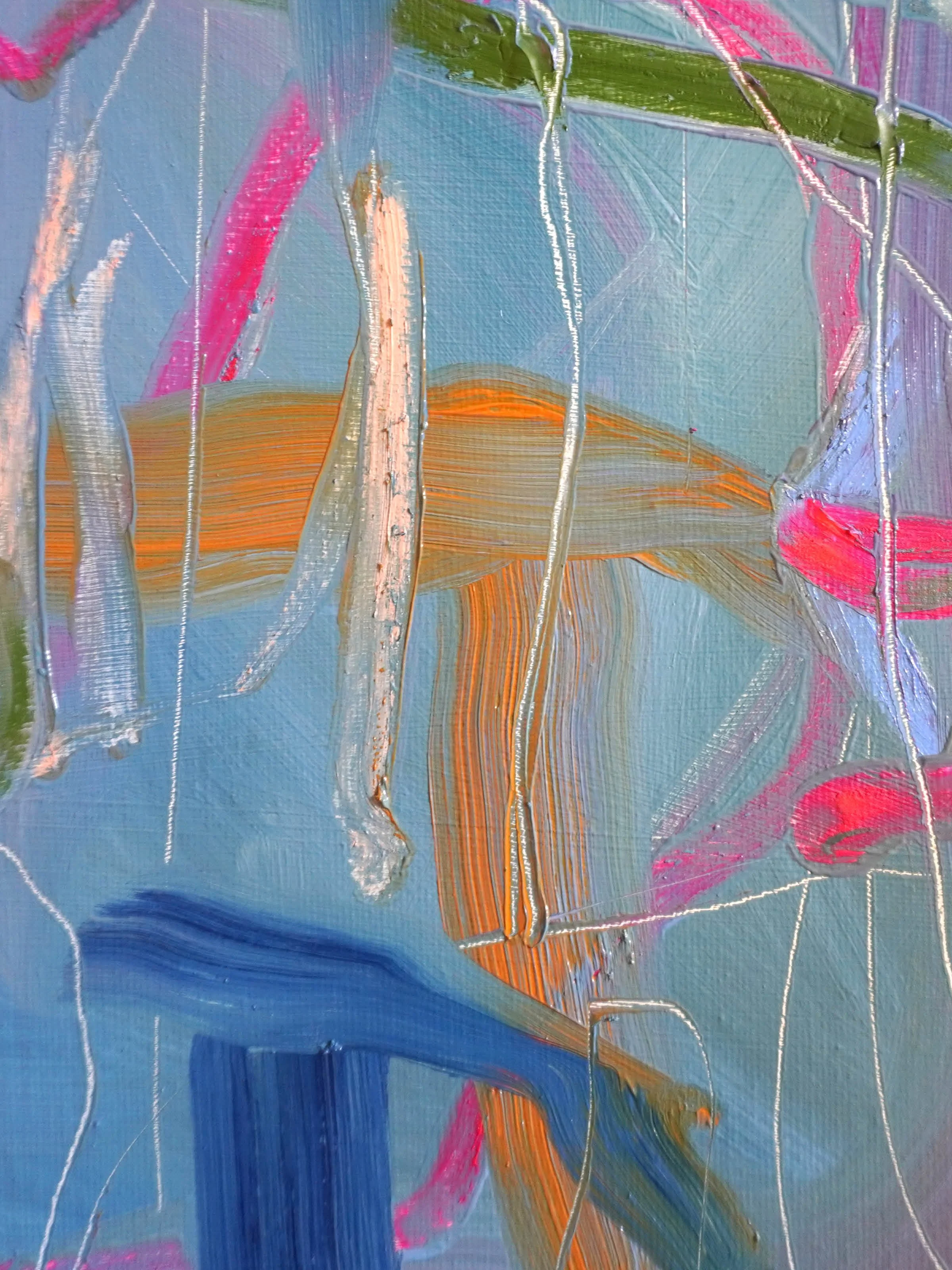Close up of Unburdened Current by Gedi Campbell, 60x60cm, abstract painting in oil paint and oil stick on canvas from the Unbound series. Features scraped palette knife marks and fluid gestures.