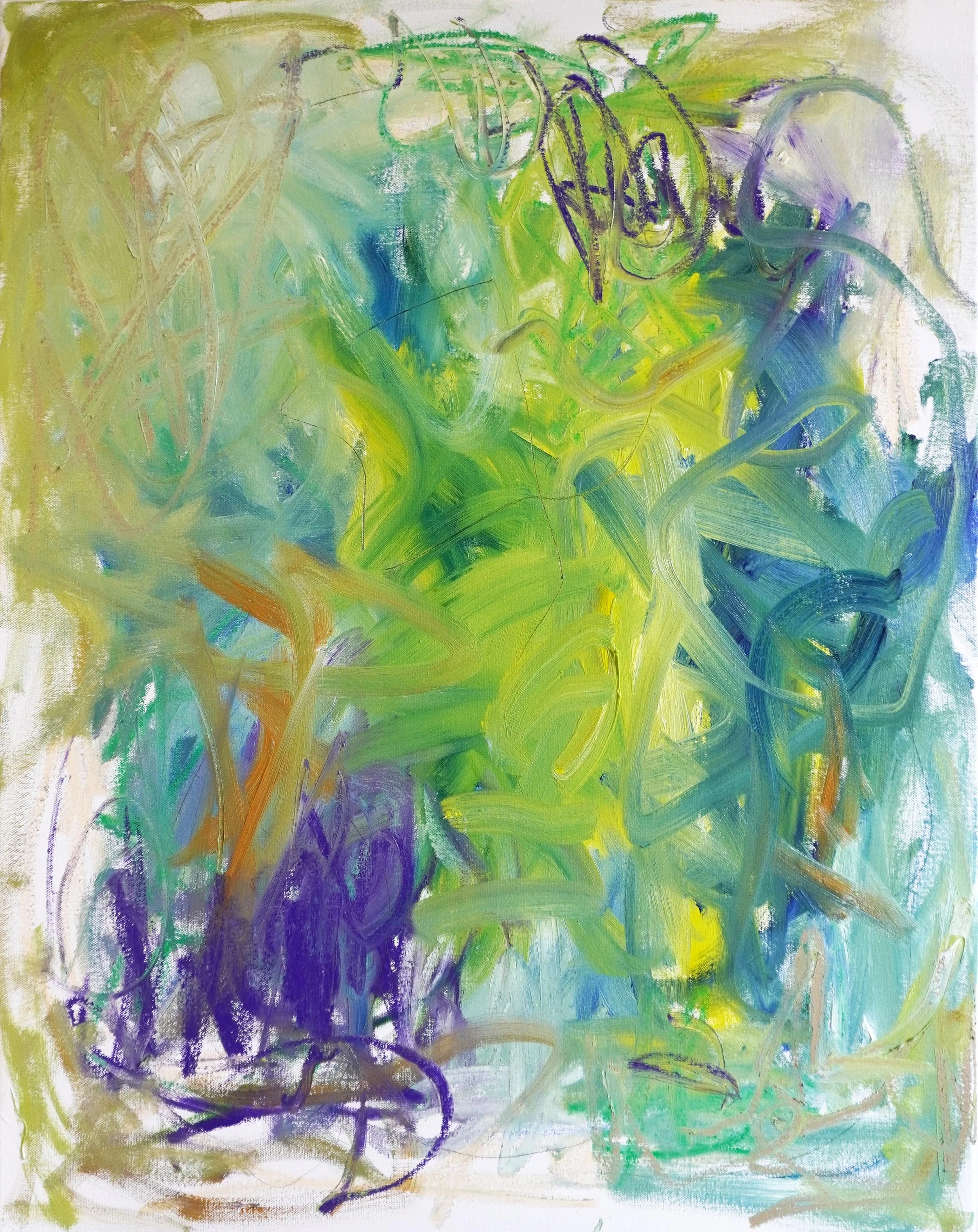 Bold abstract painting in oil paints and oil sticks showing, sweeping directional gestures dominated by bright green and prussian blue coloured oil paint with pops of purple and ochre coloured oil sticks and graphite lines.