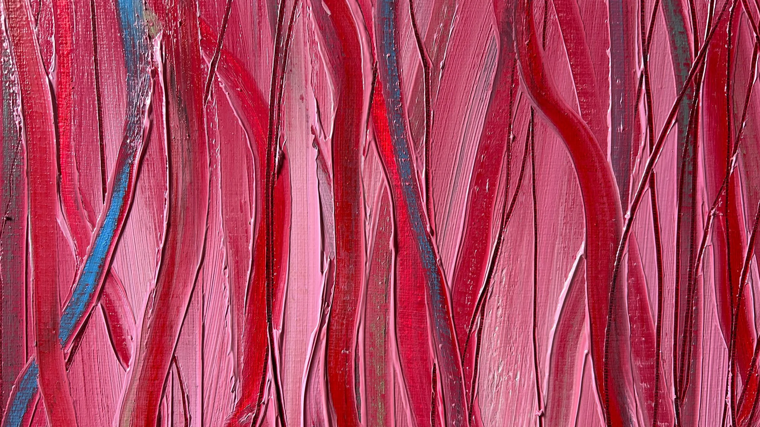 Close up of Softly Forgiven 60x60cm by Gedi Campbell. Red abstract painting with lines of oil sticks and graphite lines.