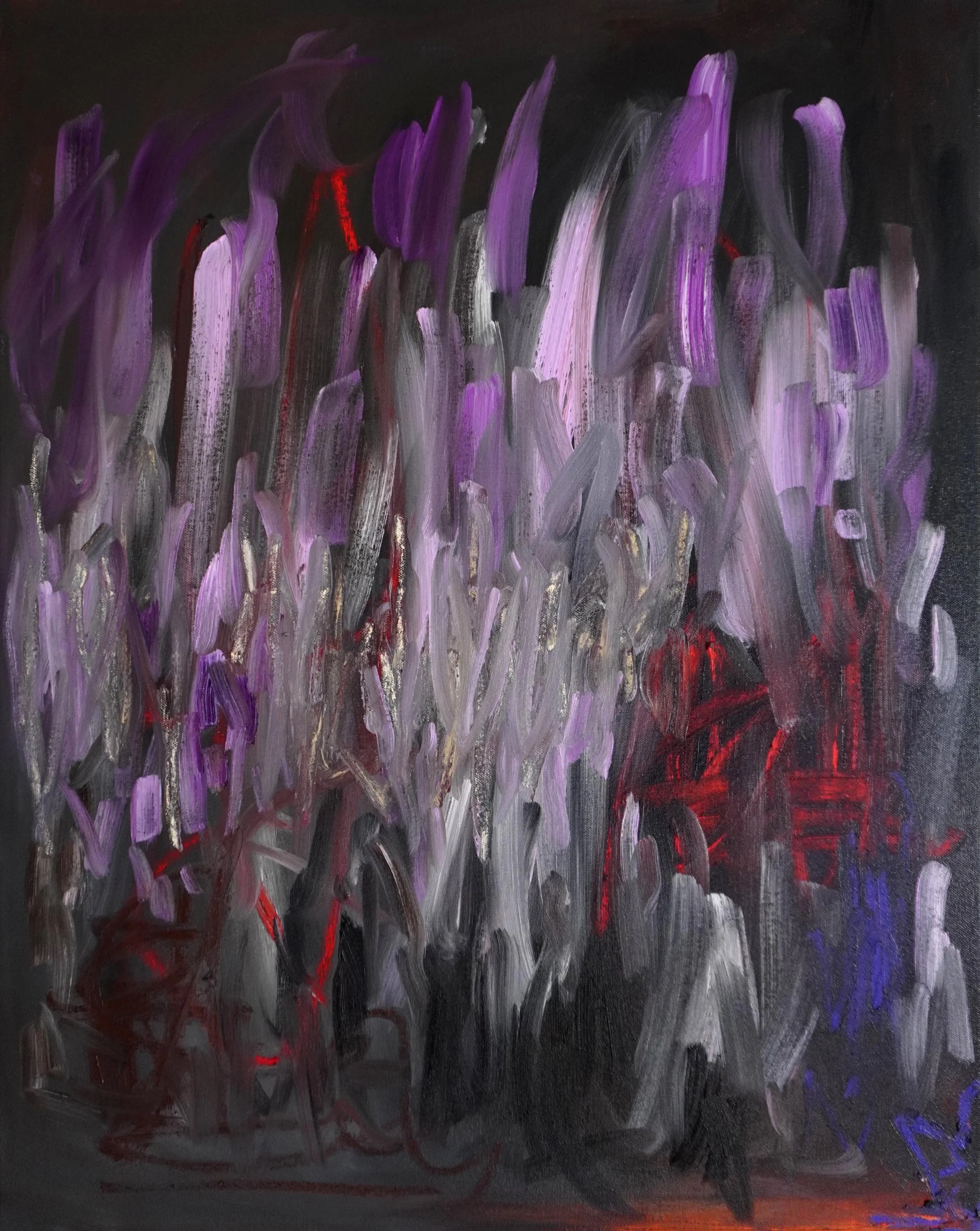 Oil paint and oil stick abstract painting. Features bold, sweeping directional gestures dominated by dark black and grey background with, whites and lilac colours in oil paint with pops of red and purple coloured oil sticks.