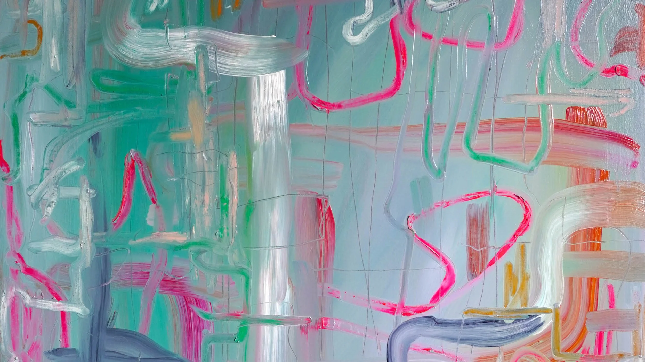 Abstract painting with colorful, overlapping brushstrokes, featuring pink, white, green, orange, purple, and blue on a light background.