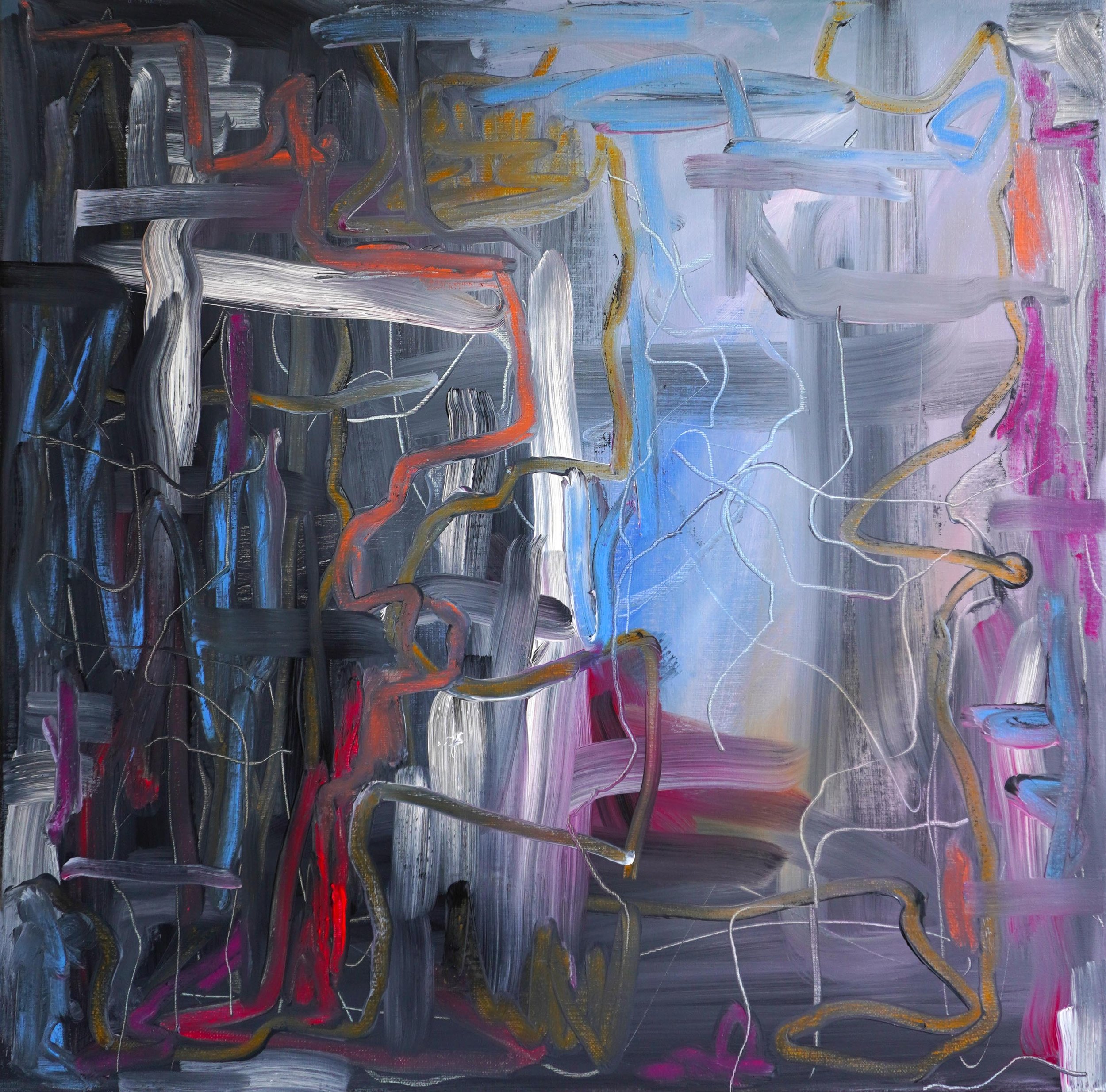 Cause & Effect by Gedi Campbell, 60x60cm, abstract painting in oil paint and oil stick on canvas from the Unbound series. Features scraped palette knife marks and fluid gestures.