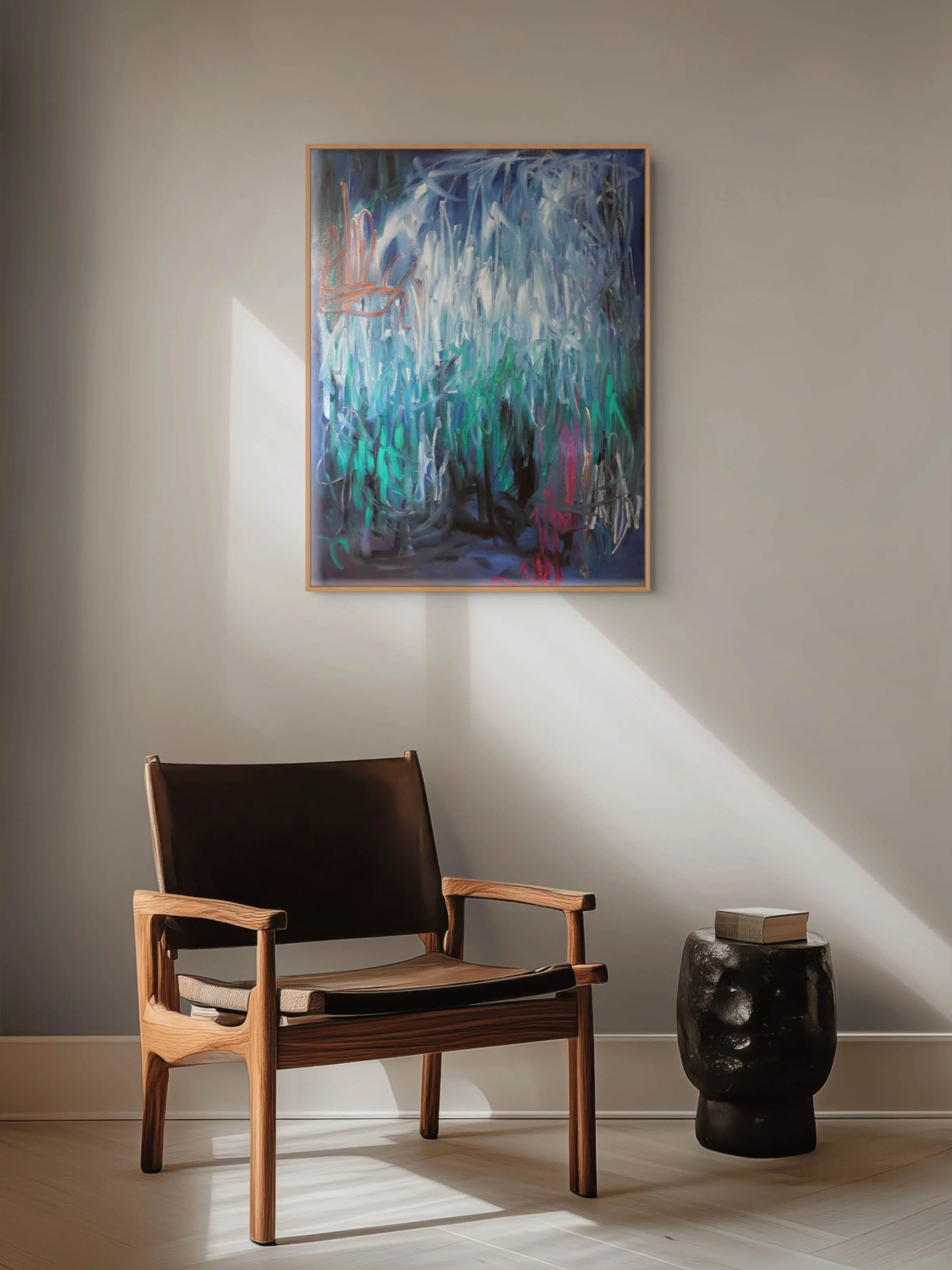 Room view of large-scale oil paint and oil stick abstract painting. Features bold, sweeping directional gestures dominated by dark blue, white and green colours in oil paint with pops of orange and magenta coloured oil sticks and graphite lines.