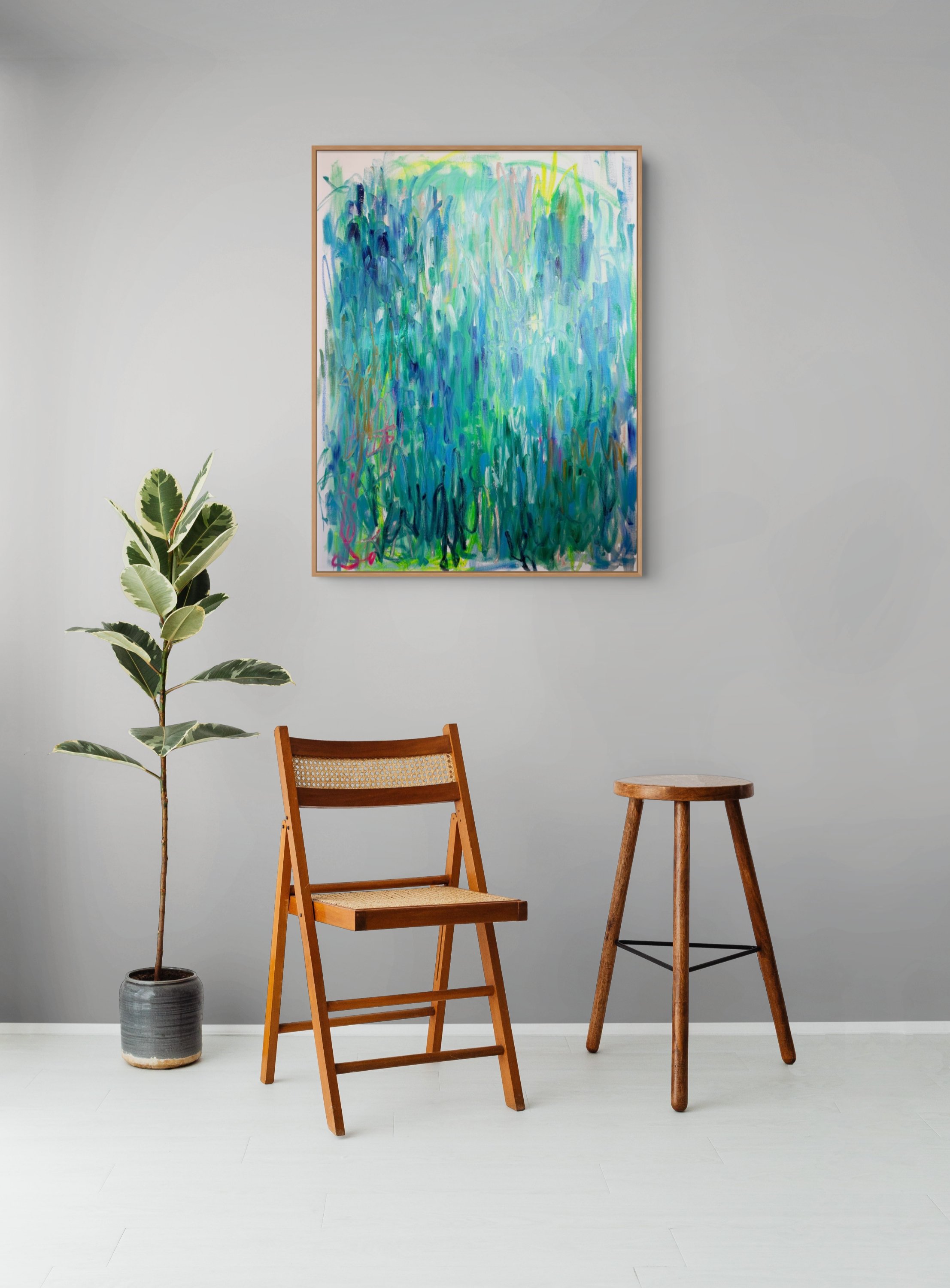 Room view of large-scale oil paint and oil stick abstract painting. Features bold, sweeping directional gestures dominated by bright green, blue and dark green colours in oil paint with pops of fluorescent green and magenta coloured oil sticks.