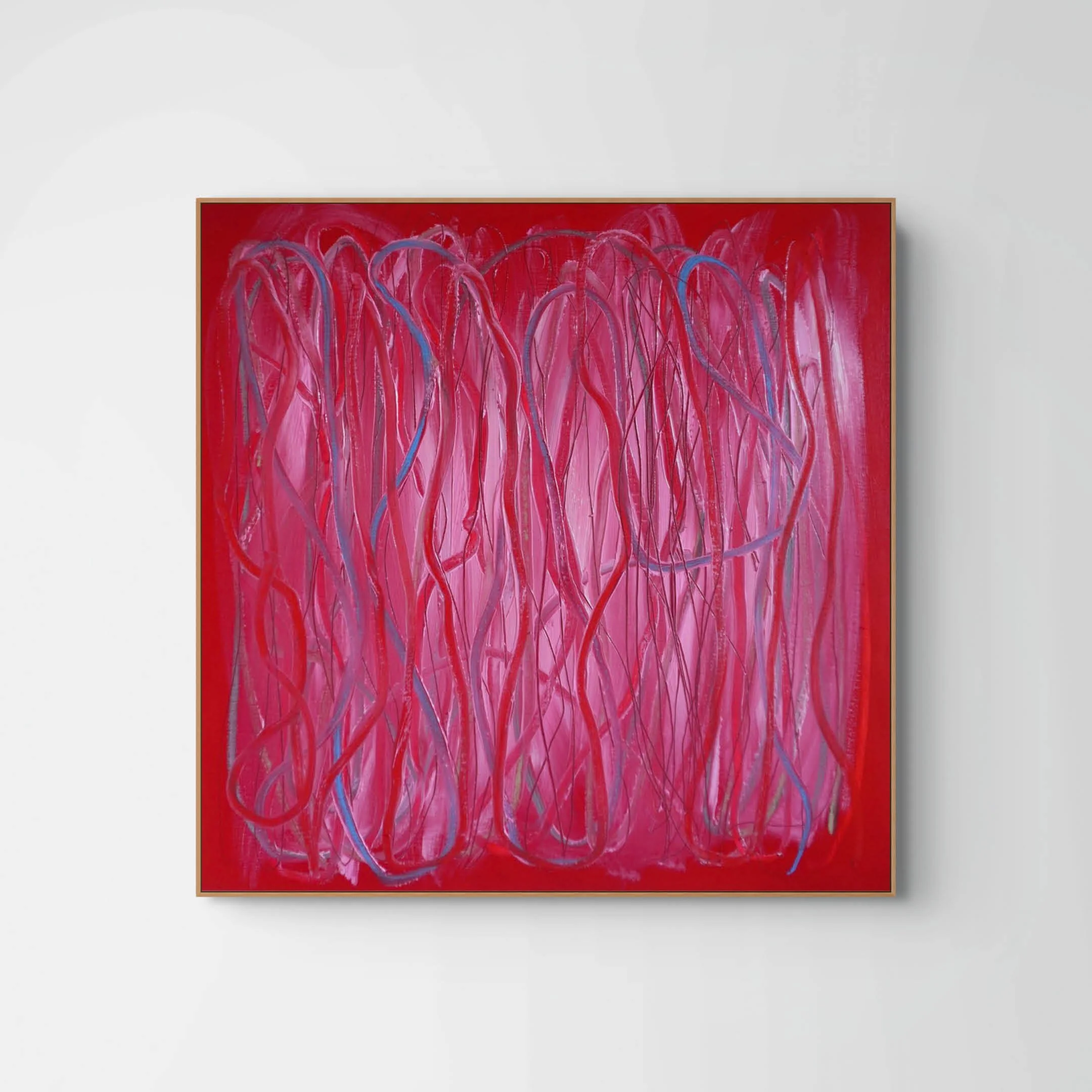 Softly Forgiven 60x60cm by Gedi Campbell. Red abstract painting with lines of oil sticks and graphite lines.