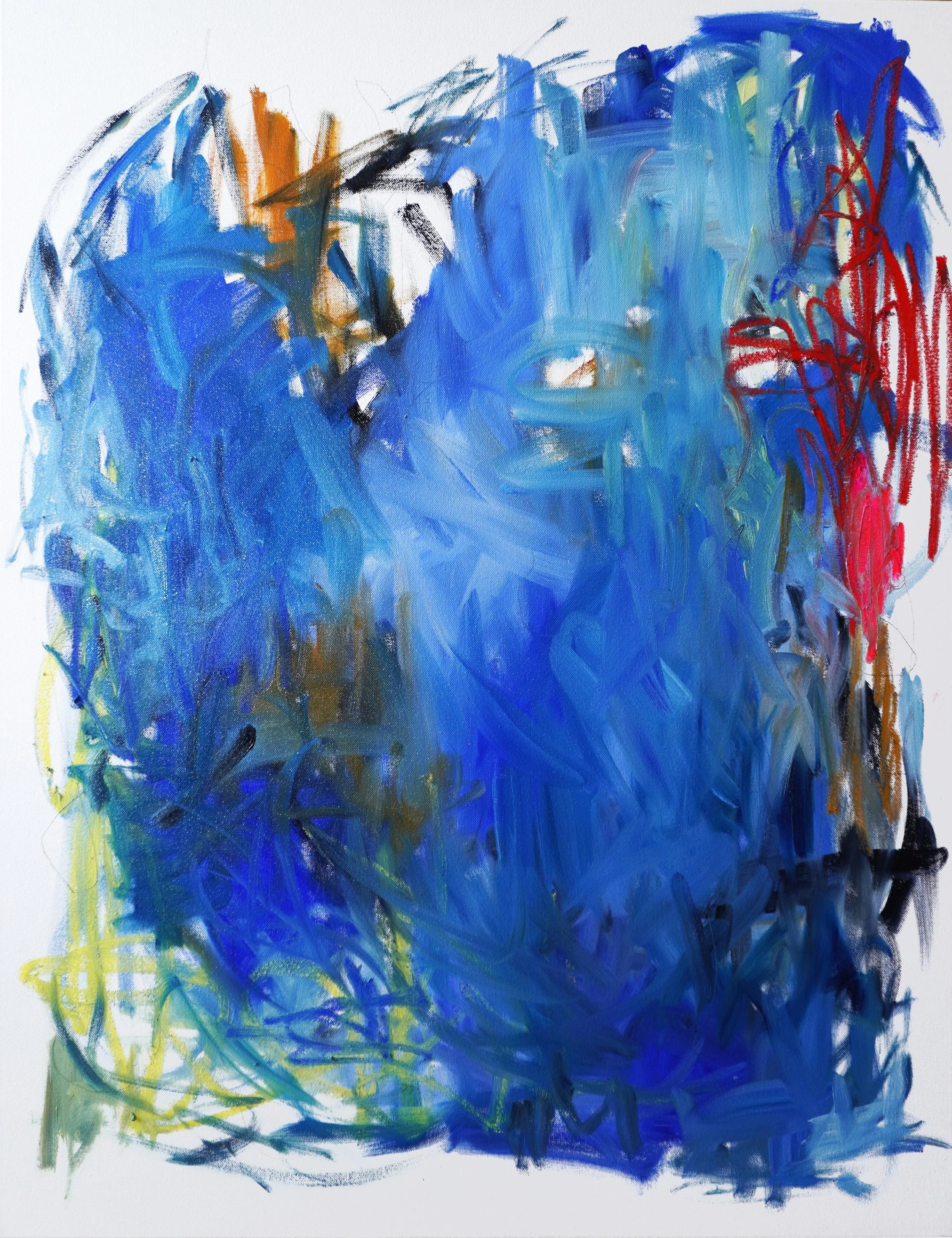 Large-scale oil paint and oil stick abstract painting, features bold, sweeping directional gestures dominated by blue, ochre and yellow colours in oil paint with pops of red and magenta coloured oil sticks and graphite lines.