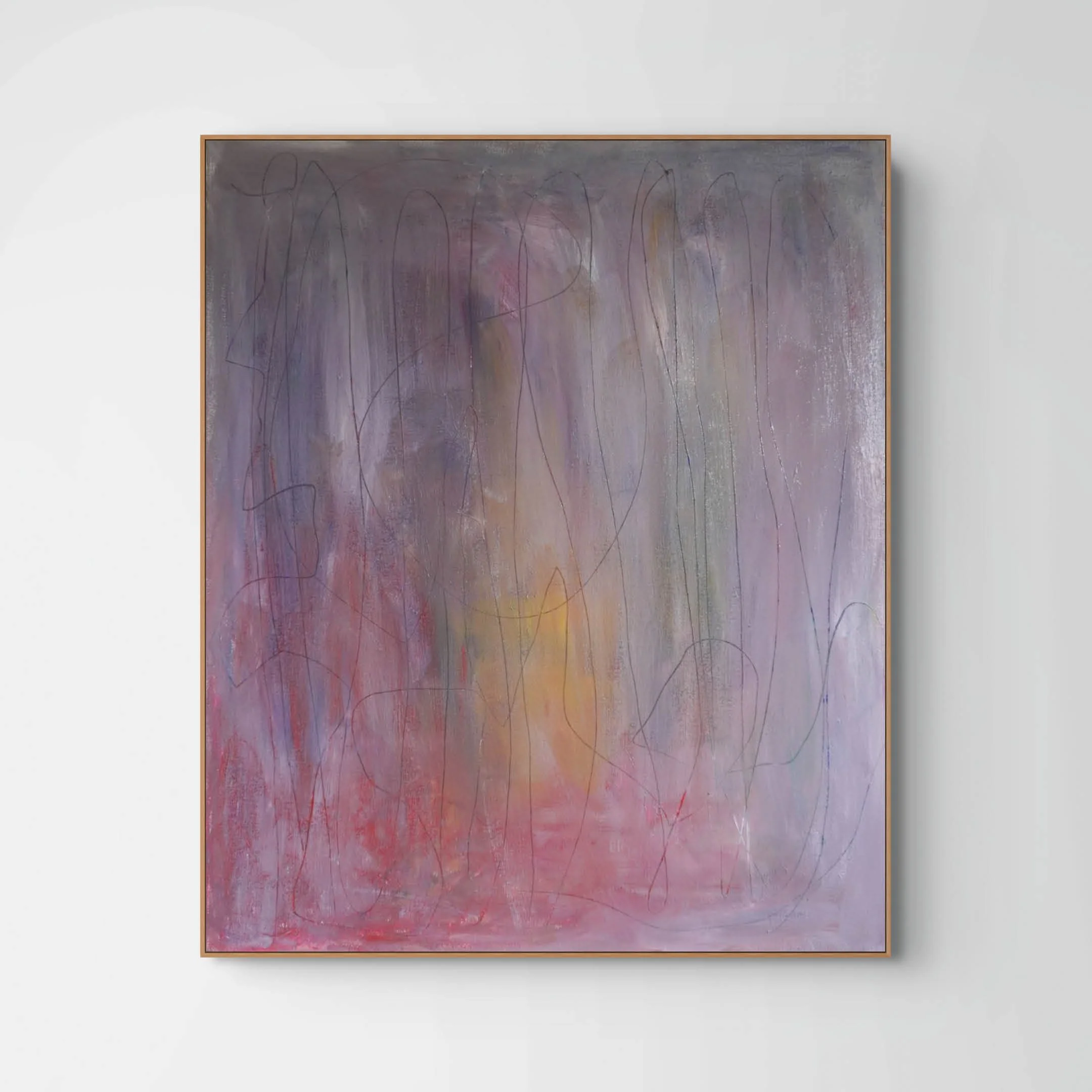 Abstract oil paint and oil stick painting. Features soft blurred painting in very muted tones of purple grey, red and yellow with graphite pencil lines on top.