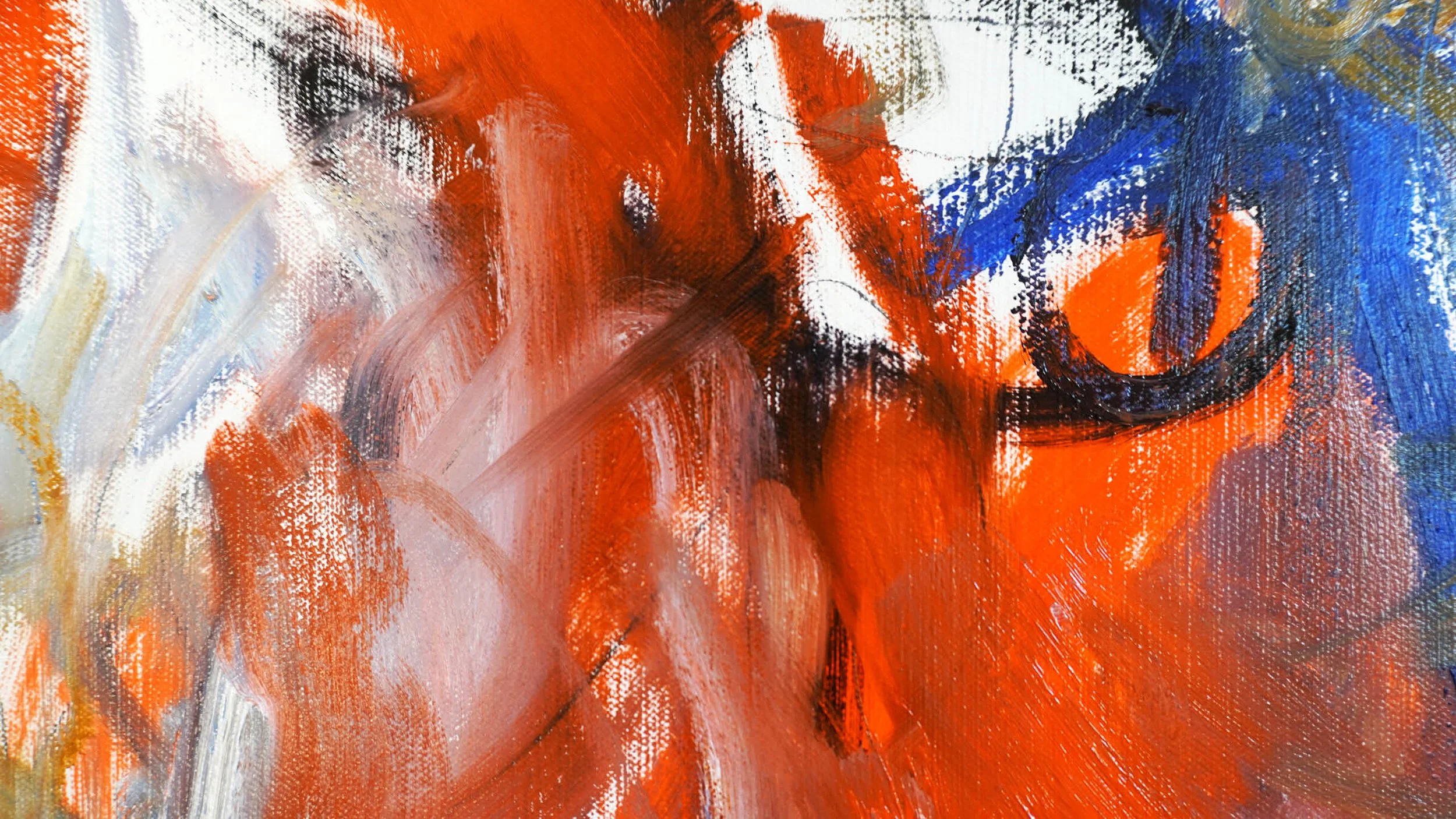 Close up of bold abstract painting in oil paints and oil sticks showing, sweeping directional gestures dominated by orange, black and blue oil paint with pops of bright pink and pale blue coloured oil sticks and graphite lines.