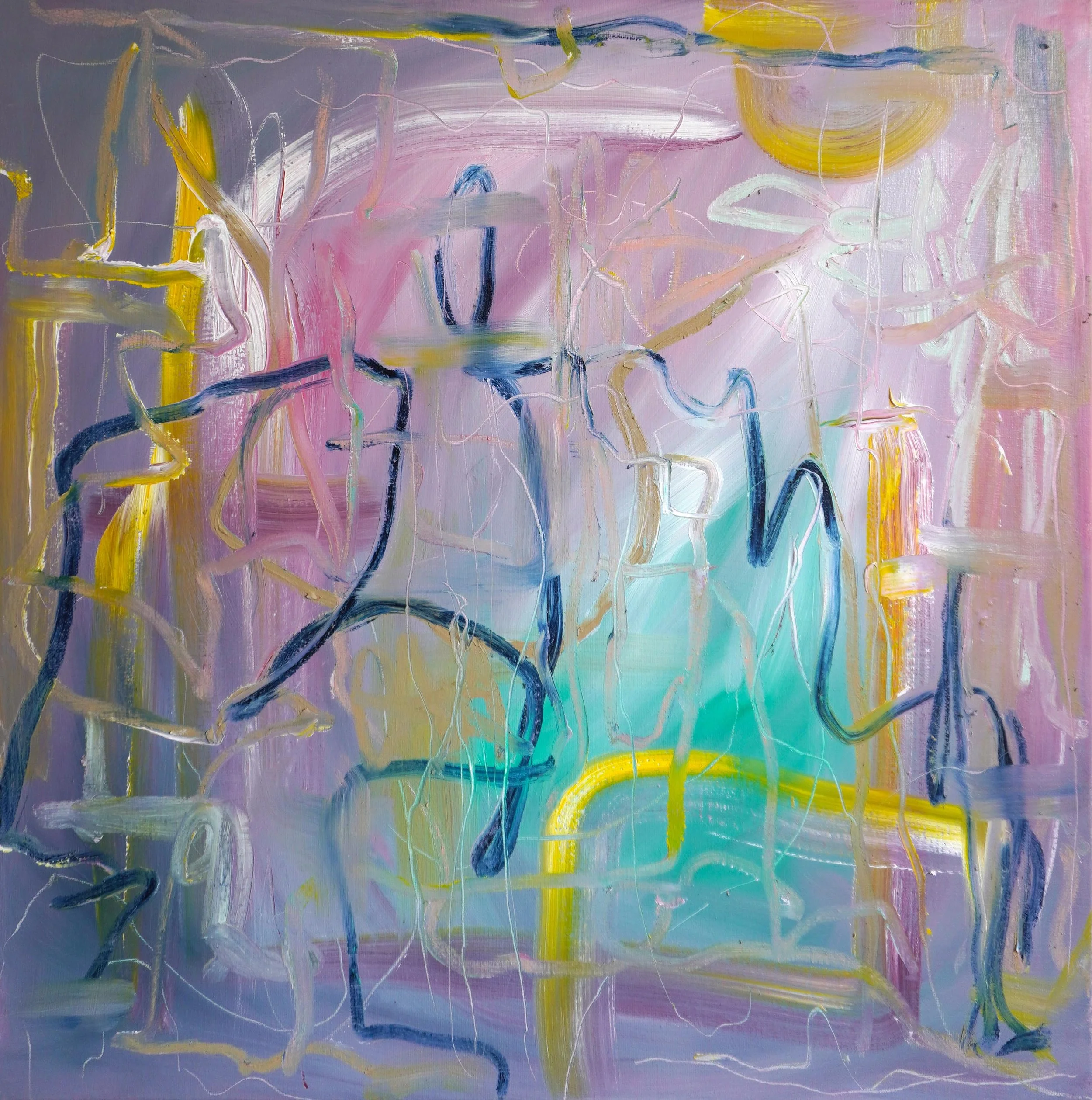 Everything & Nothing by Gedi Campbell, 60x60cm, abstract painting in oil paint and oil stick on canvas from the Unbound series. Features scraped palette knife marks and fluid gestures.