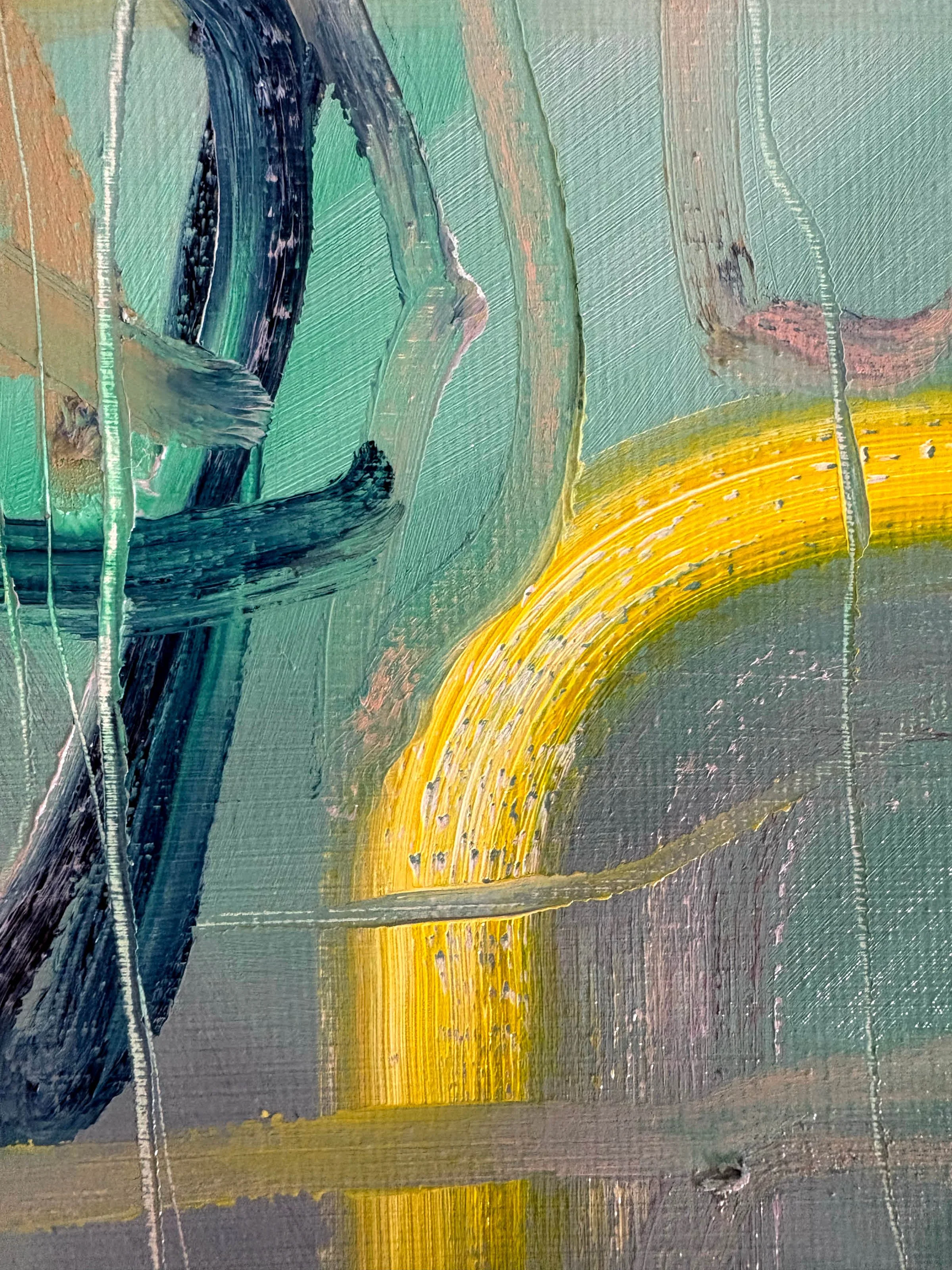 Close up of Everything & Nothing by Gedi Campbell, 60x60cm, oil paint and oil stick on canvas from the Unbound series. Features scraped palette knife marks and fluid gestures.