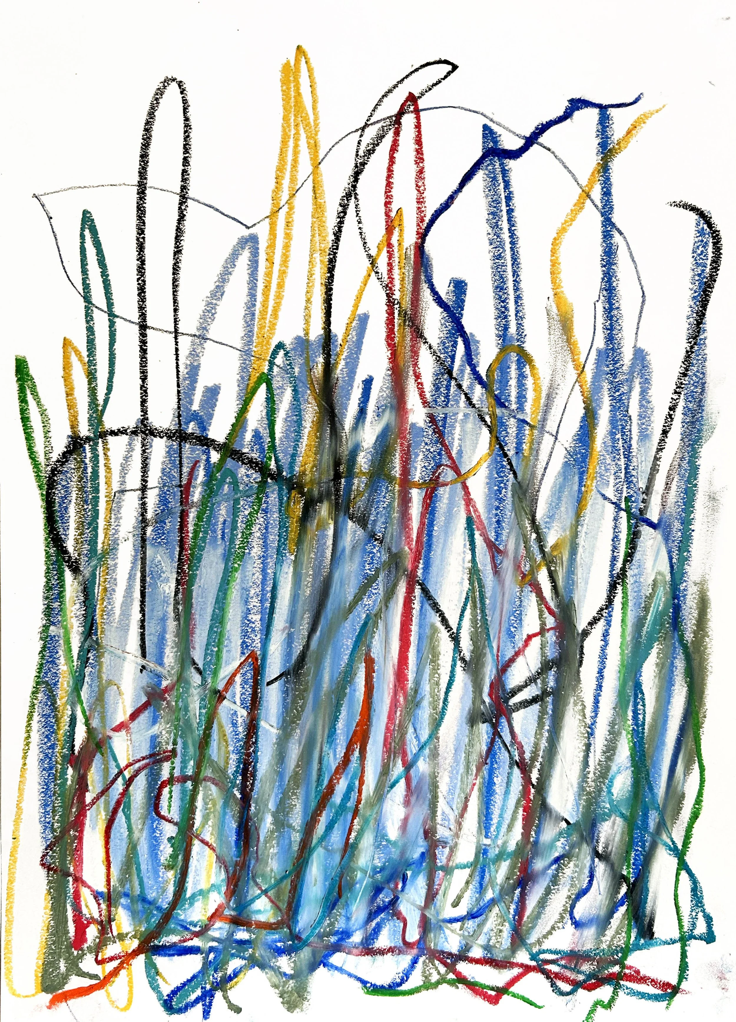 Abstract A3 sketch on paper in oil pastels by Gedi Campbell. Sweeping vertical lines in black, blues, yellow, greens and red.