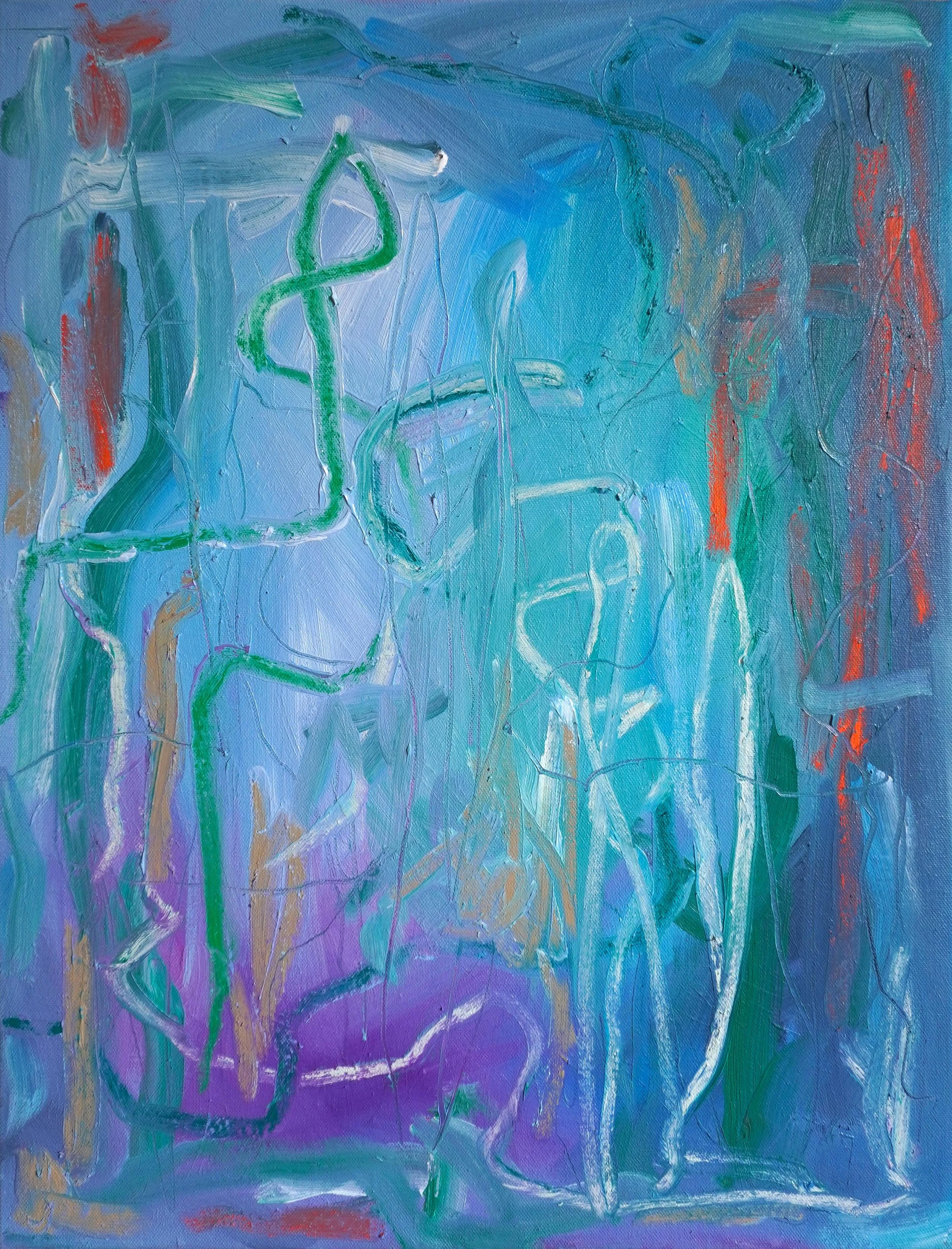 No Backwards Glance by Gedi Campbell, 60x45cm, abstract painting in oil paint and oil stick on canvas from the Unbound series. Features scraped palette knife marks and fluid gestures.