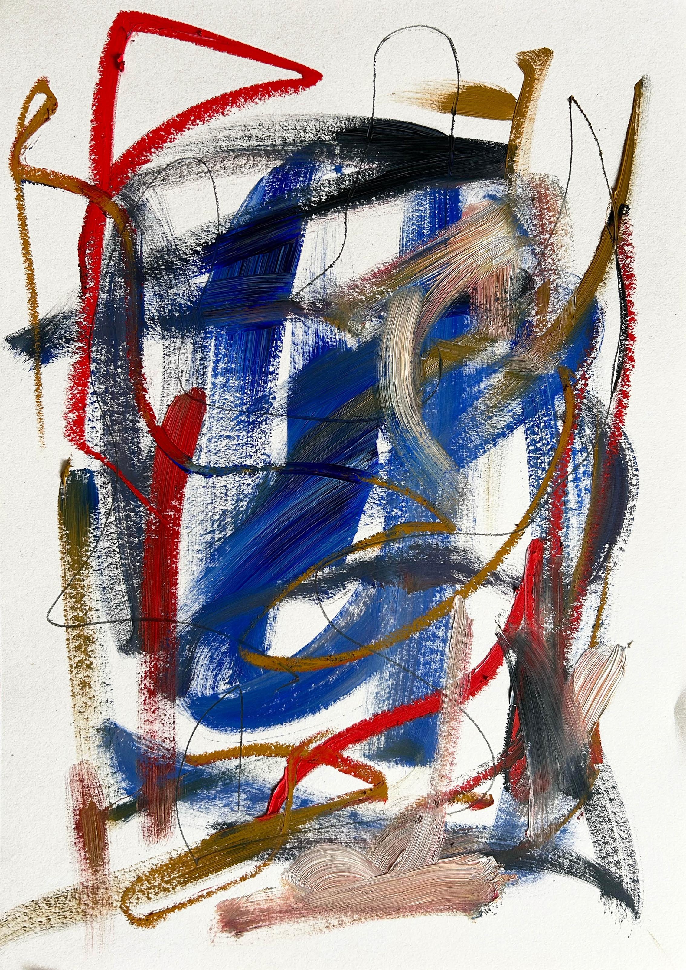 Bold abstract painting on paper in oil paints and oil sticks showing, sweeping directional gestures dominated by red and blue colours in oil paint with pops of red and ochre coloured oil sticks and graphite lines with white negative space.