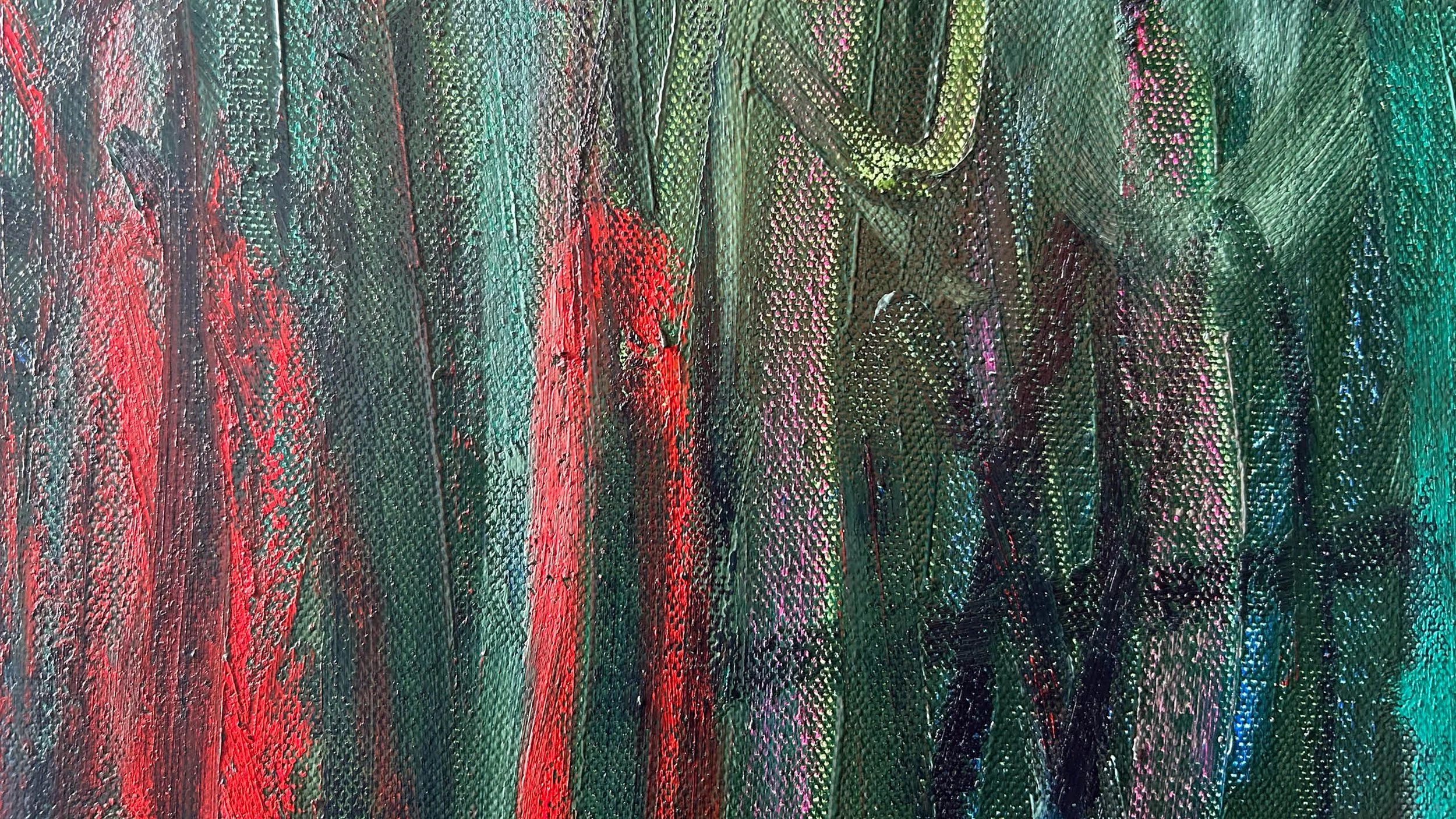 Close up of large-scale oil paint and oil stick abstract painting. Features bold, sweeping directional gestures dominated by dark greens, blues and whites in oil paint with pops of red and blue coloured oil sticks.
