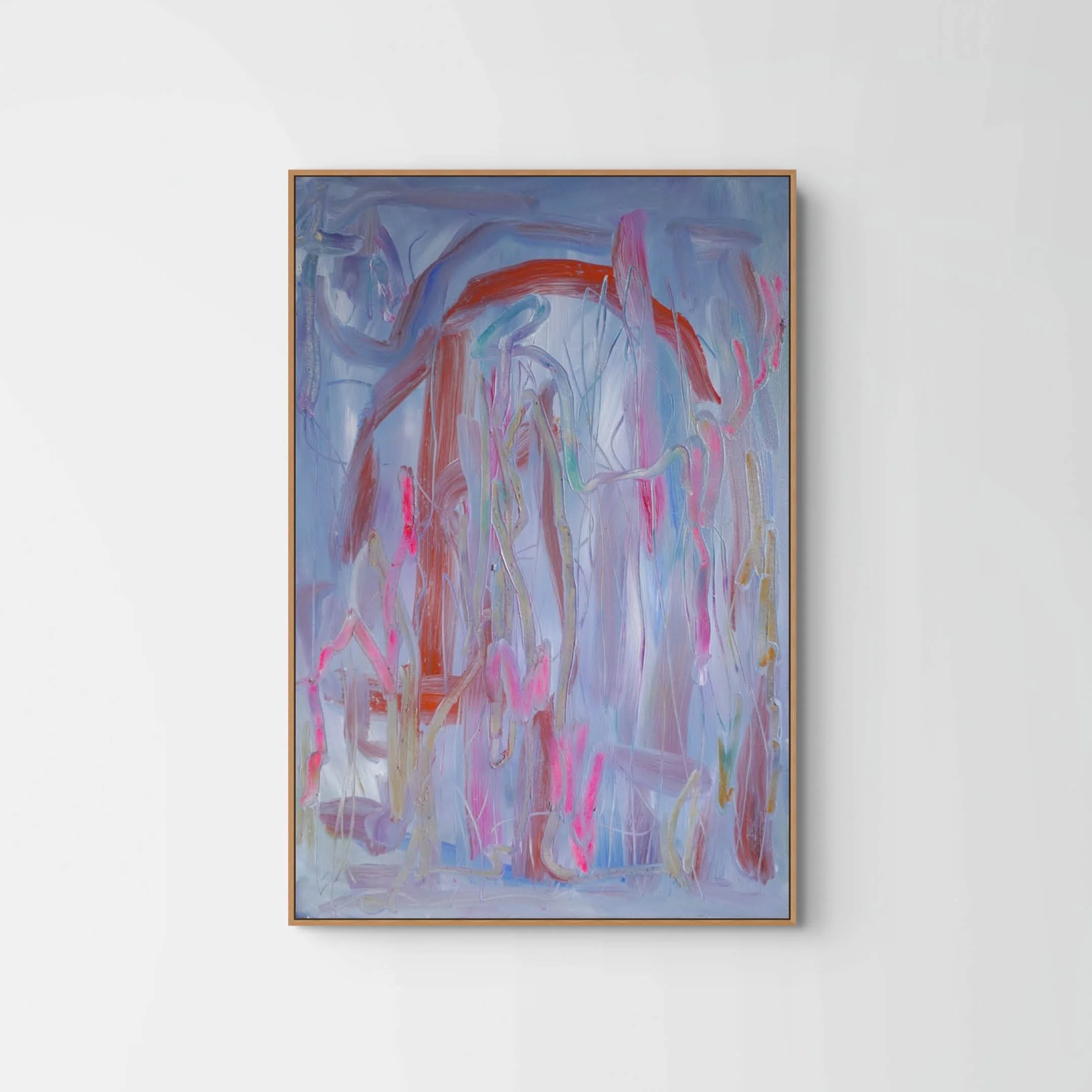 An abstract painting with swirling brushstrokes in shades of purple, pink, blue, and orange, framed in light wood, hanging on a white wall.