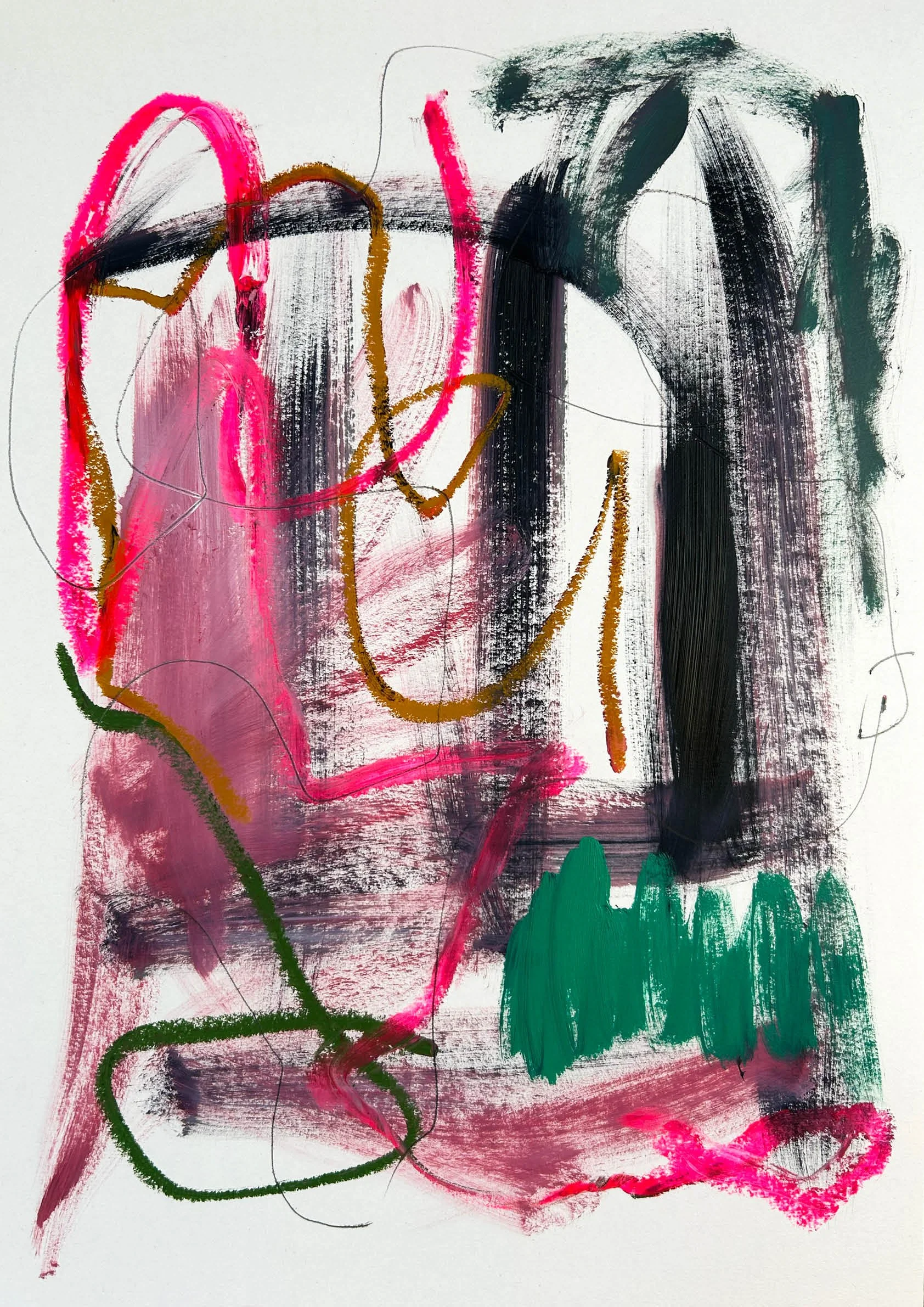 Bold abstract painting on paper in oil paints and oil sticks showing, sweeping directional gestures dominated by pink, black and greens with pops of bright pink and ochre coloured oil sticks.