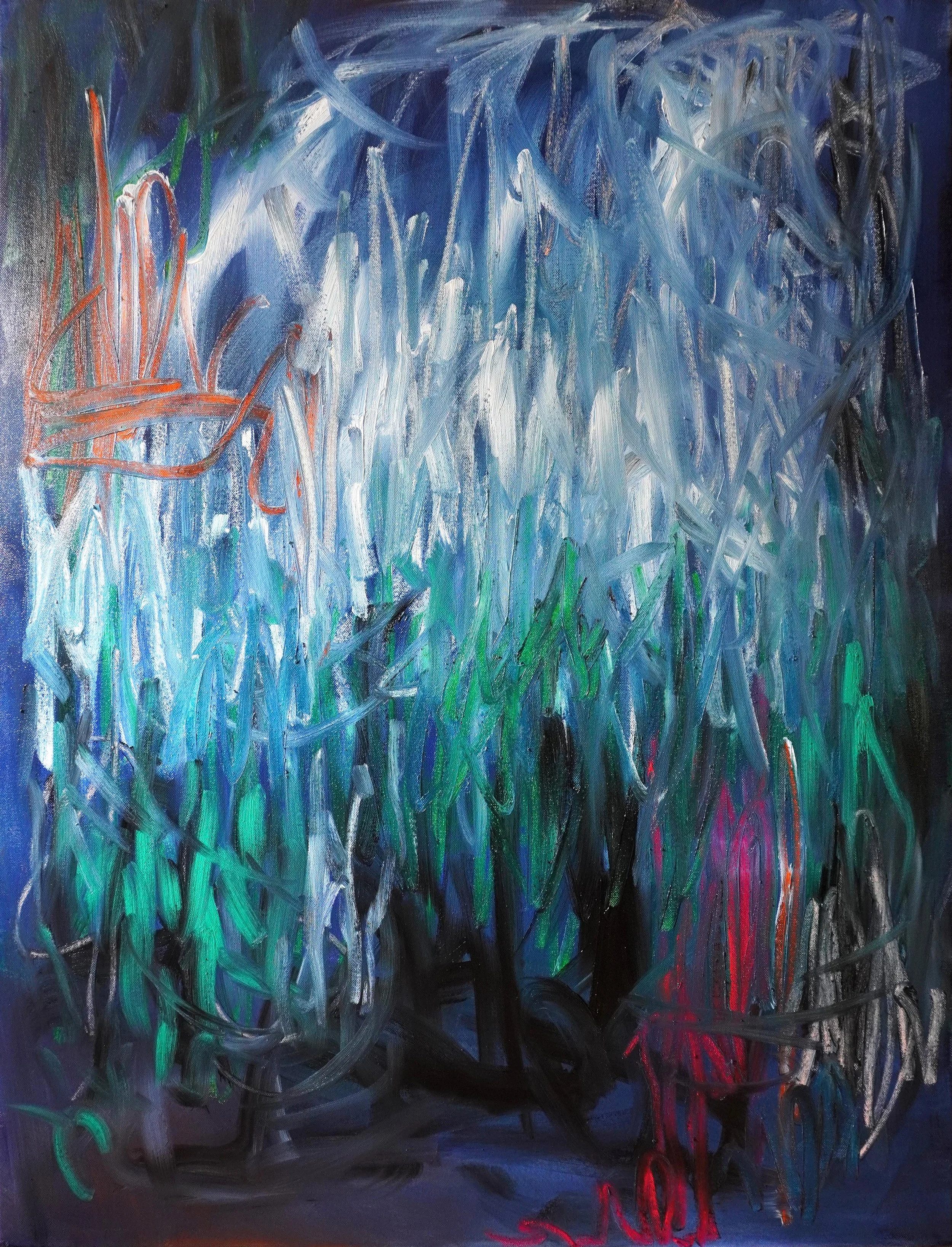 Large-scale oil paint and oil stick abstract painting. Features bold, sweeping directional gestures dominated by dark blue, white and green colours in oil paint with pops of orange and magenta coloured oil sticks.