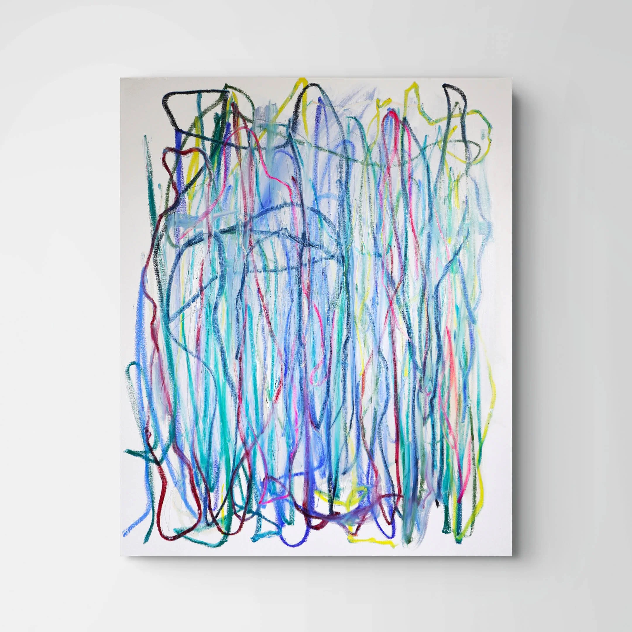 Colorful abstract artwork with various overlapping lines and scribbles on a white background.