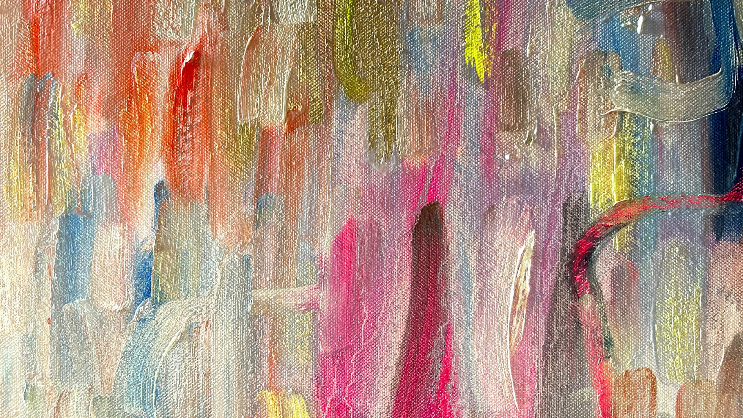 Close up of large-scale oil paint and oil stick abstract painting. Features bold, sweeping directional gestures dominated by pale orange, pink, greys, blues in oil paint with pops fluorescent yellow and pink coloured oil sticks.