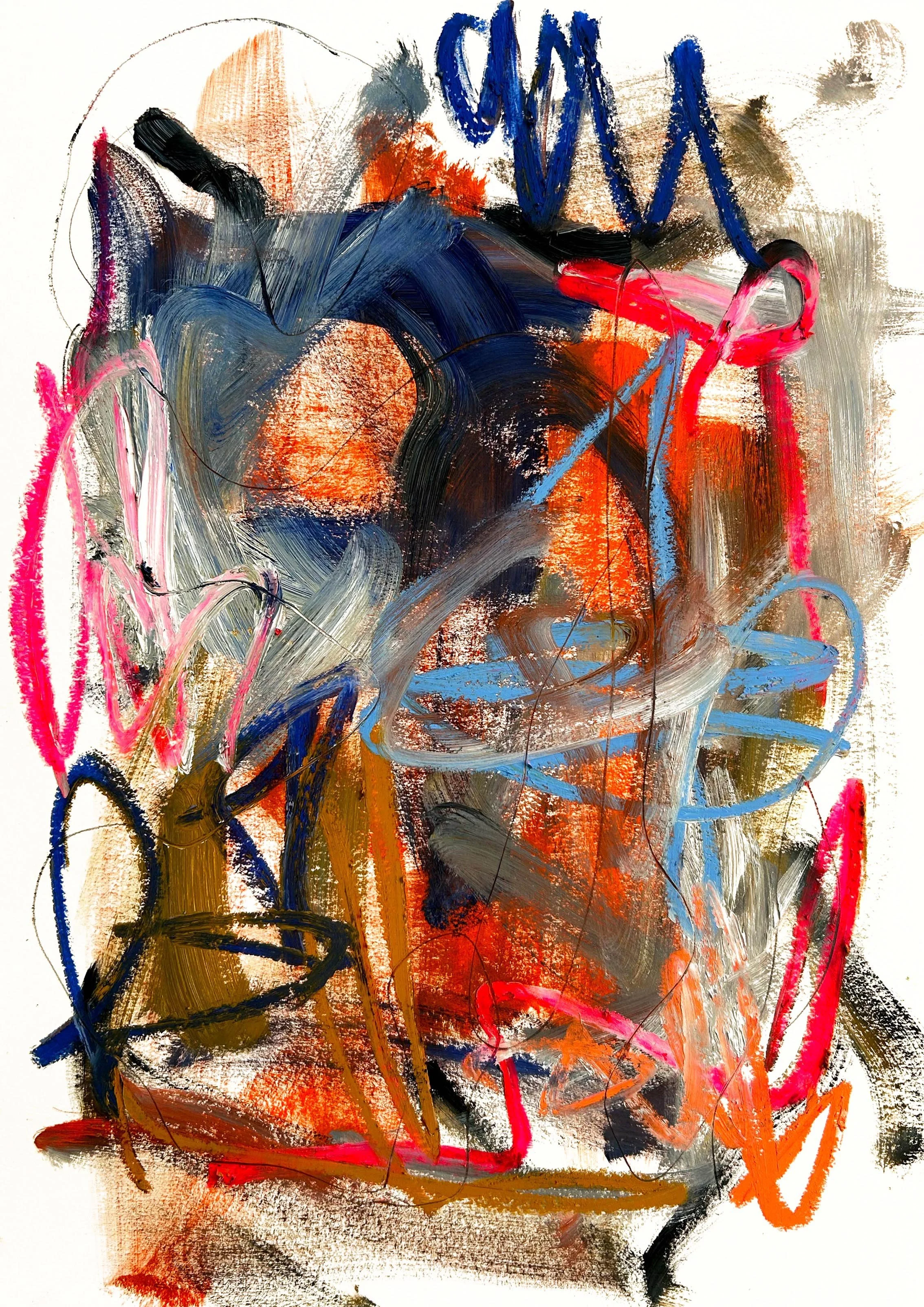 Bold abstract painting on paper in oil paints and oil sticks showing, sweeping directional gestures dominated by orange, black and blue oil paint with pops of bright pink and pale blue coloured oil sticks and graphite lines.