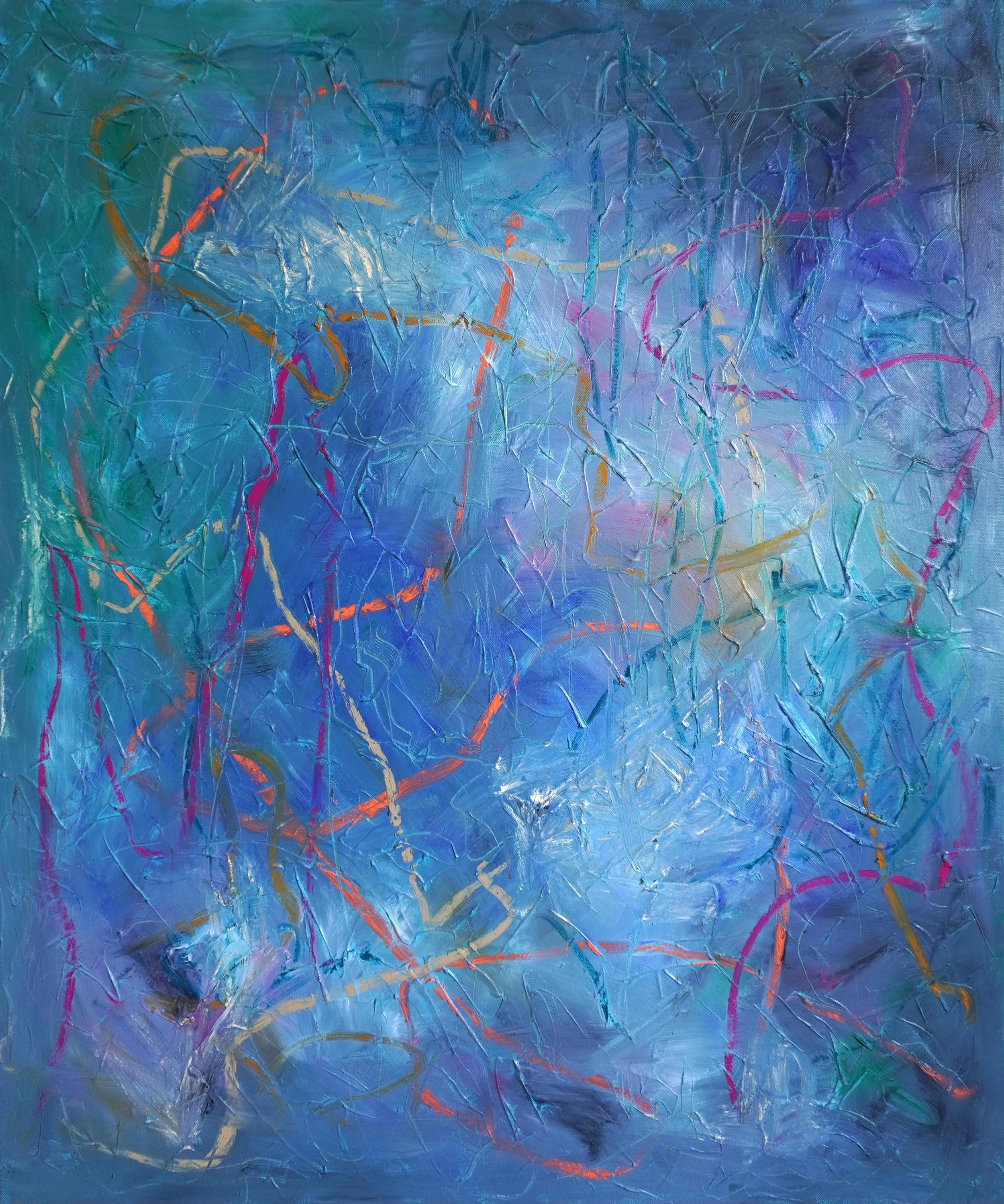 Astral by Gedi Campbell, 90x75cm, abstract painting in oil paint over acrylic medium base on canvas from the Liminal Echoes series. Features layered texture, blended tones and subtle oil stick lines.