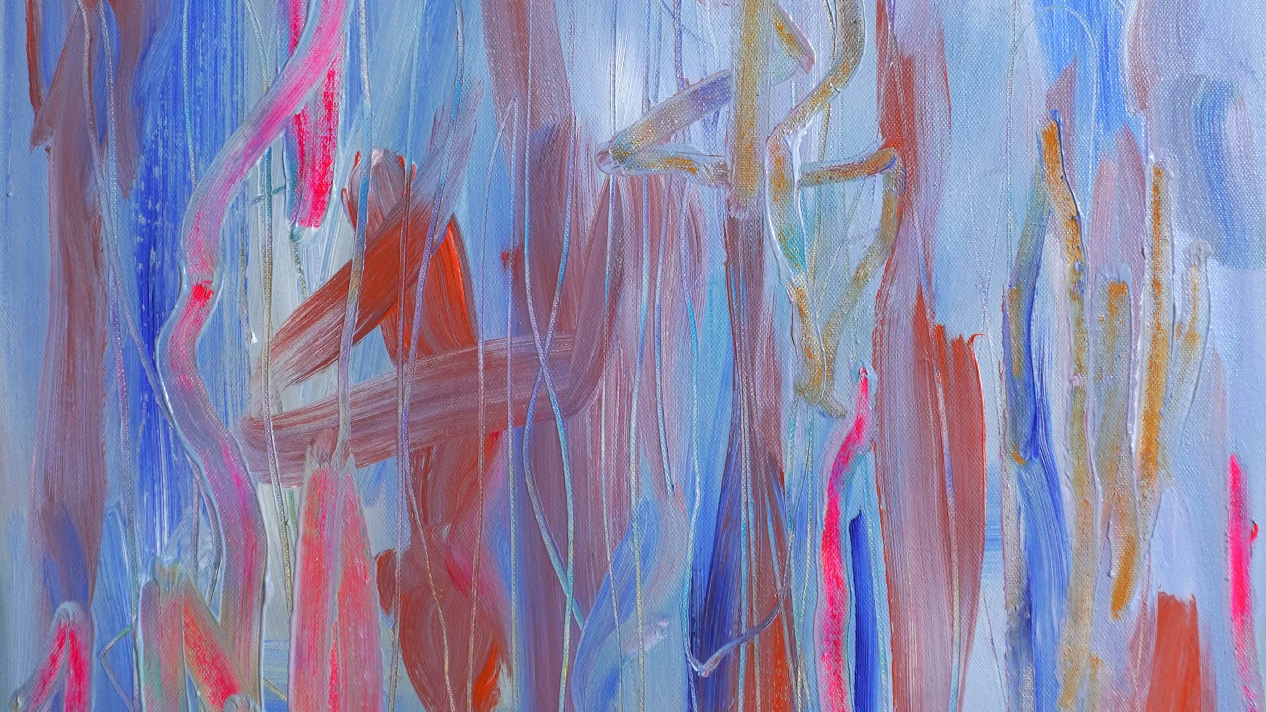 Abstract colorful painting with blue, pink, orange, and purple vertical and curved brushstrokes.