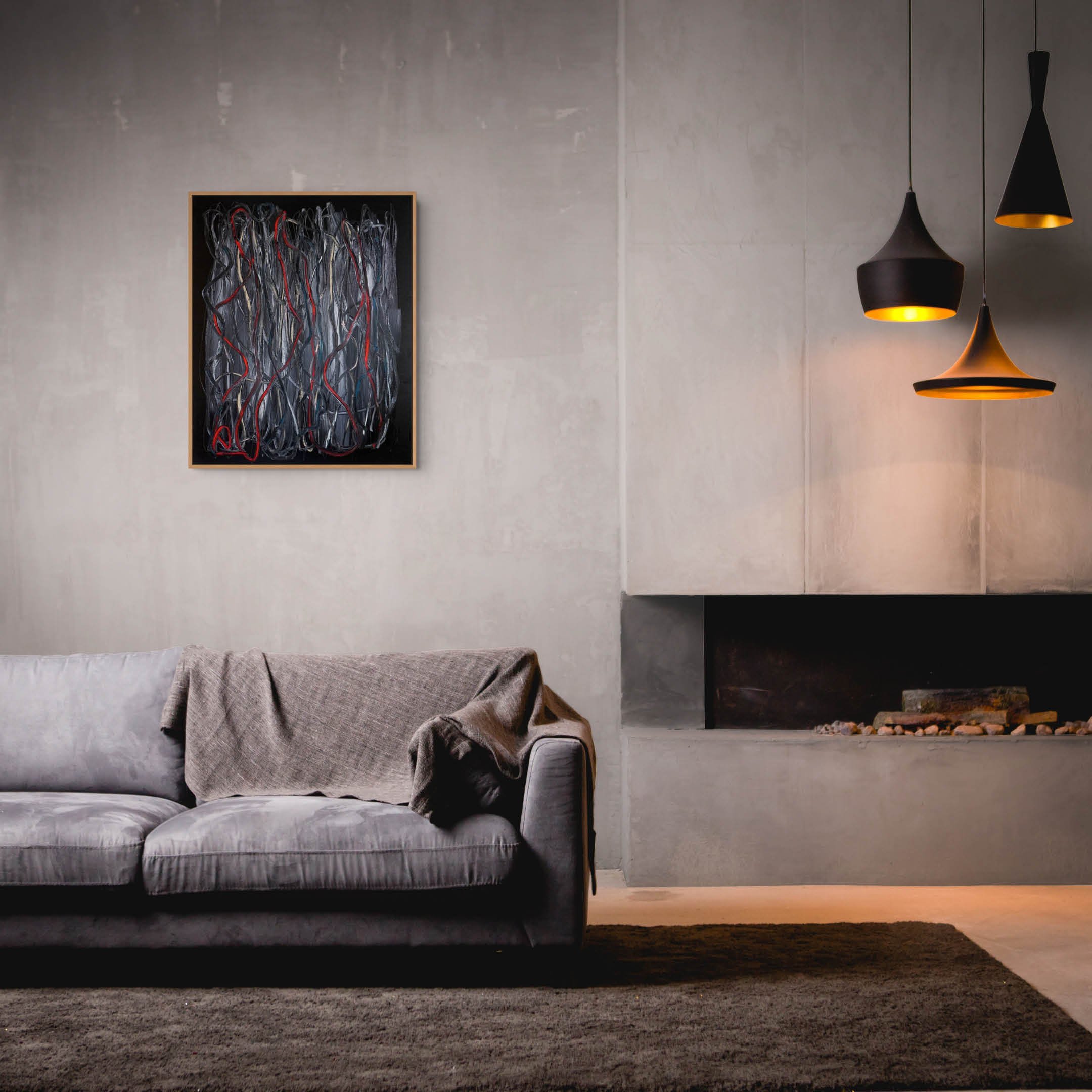 Room view of abstract painting features bold, sweeping directional gestures dominated by a black background in oil paint with red and grey coloured oil sticks flowing lines on top and graphite lines.
