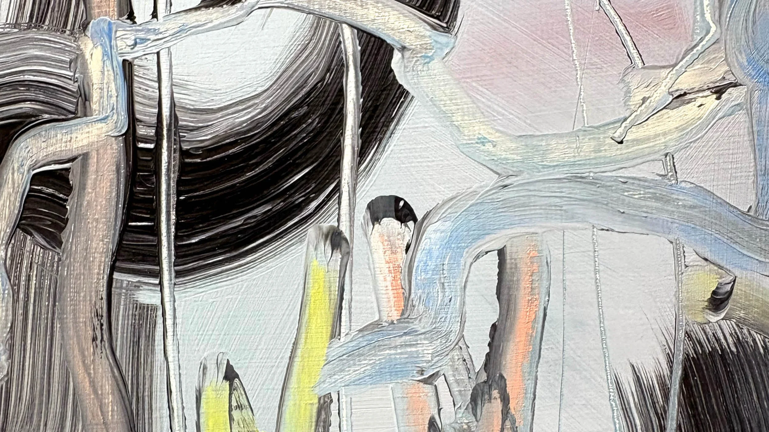 Close up of Sentient by Gedi Campbell, 50x50cm, abstract painting in oil paint and oil stick on canvas from the Unbound series. Features scraped palette knife marks and fluid gestures.