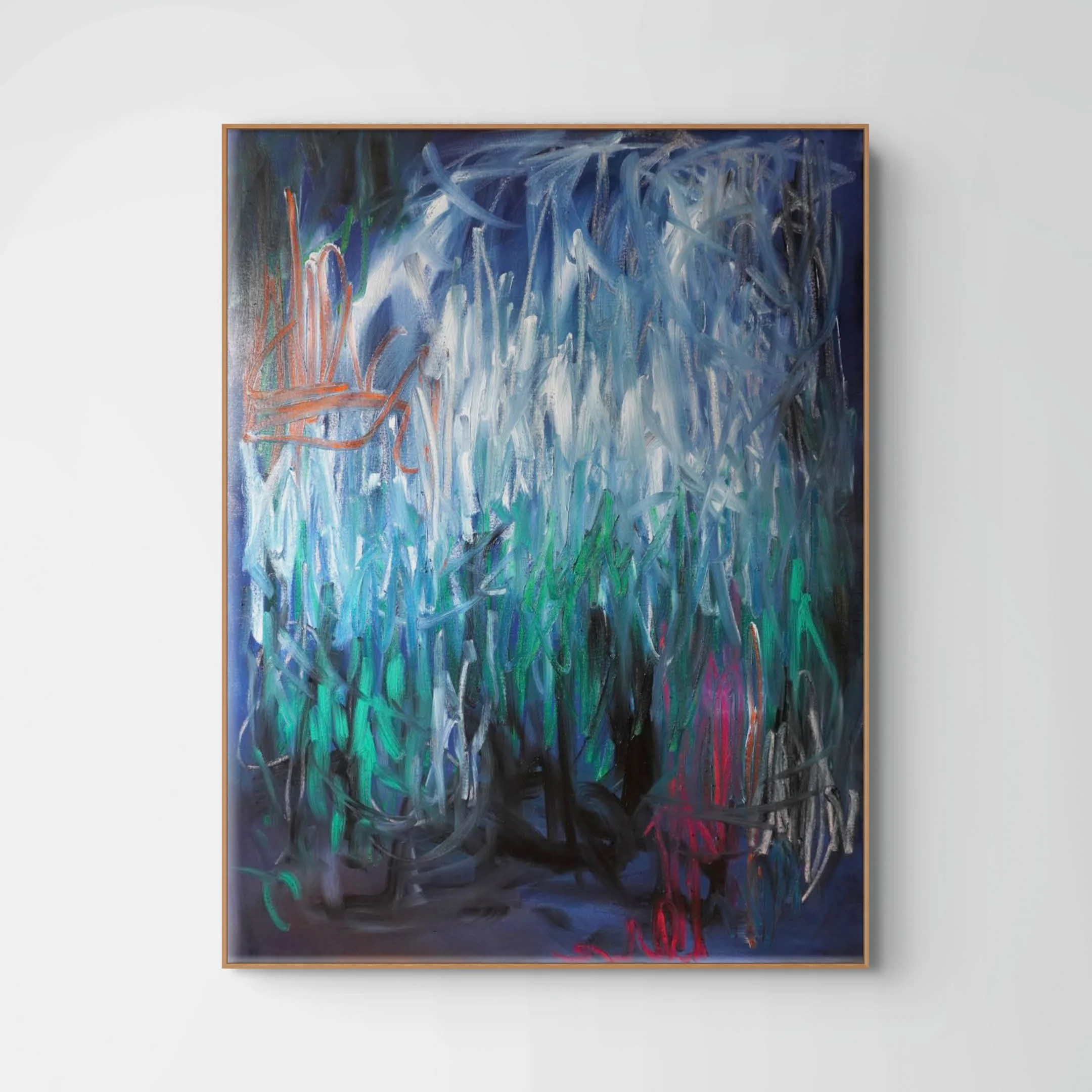 Large-scale oil paint and oil stick abstract painting. Features bold, sweeping directional gestures dominated by dark blue, white and green colours in oil paint with pops of orange and magenta coloured oil sticks and graphite lines.