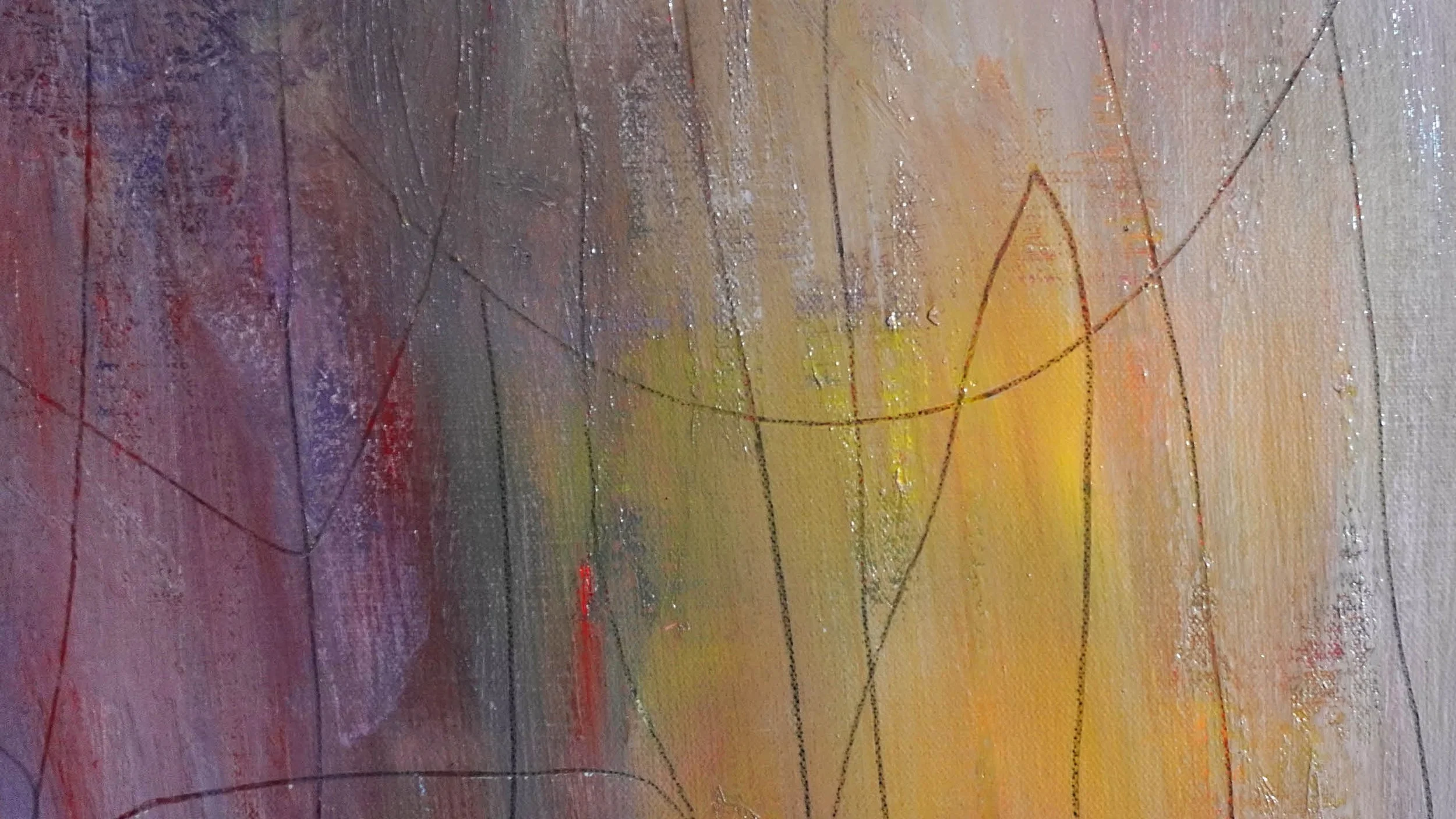 Close up of abstract oil paint and oil stick painting. Features soft blurred painting in very muted tones of purple grey, red and yellow with graphite pencil lines on top.