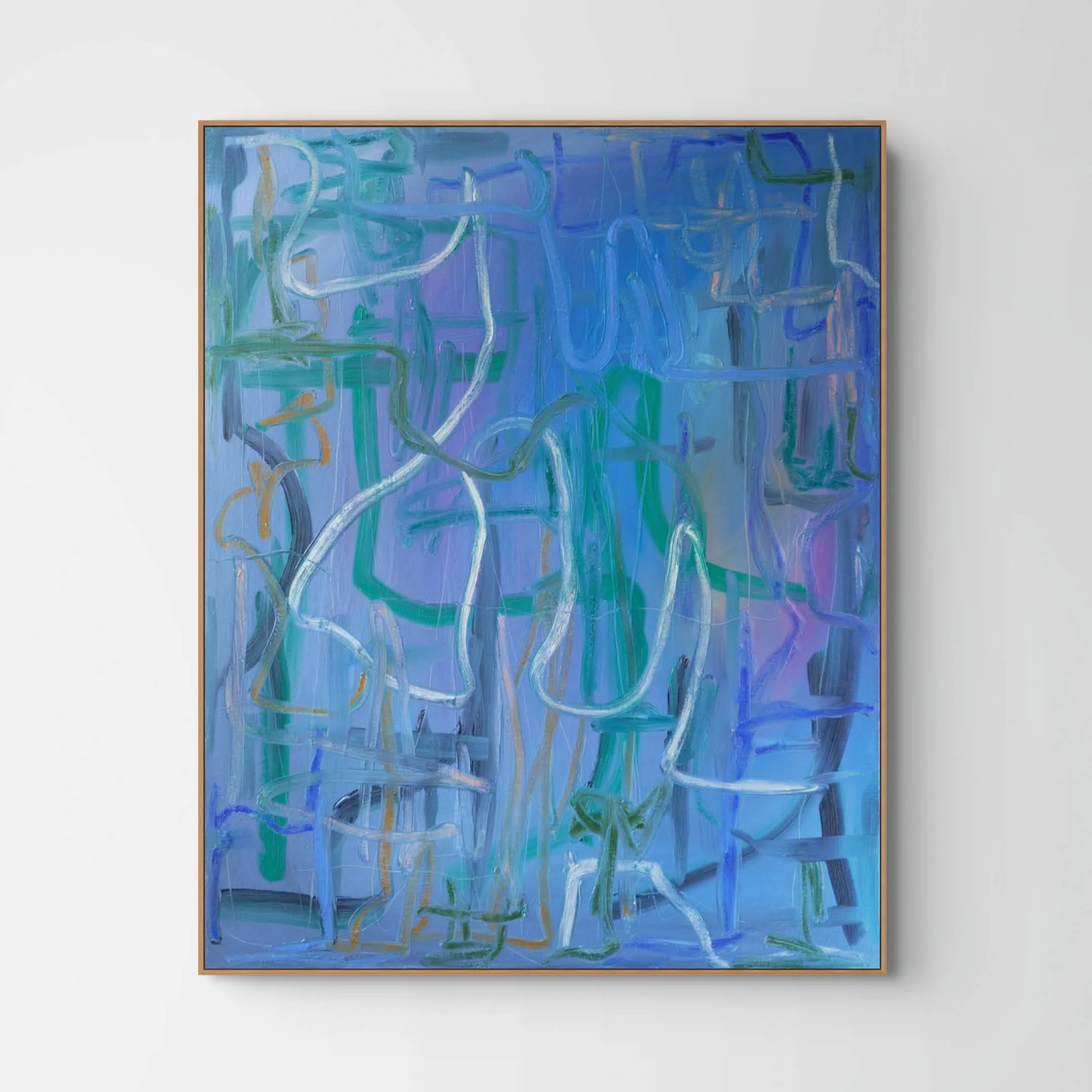 Abstract painting with thick, swirling brushstrokes in shades of blue, green, yellow, and white, framed and displayed on a white gallery wall.