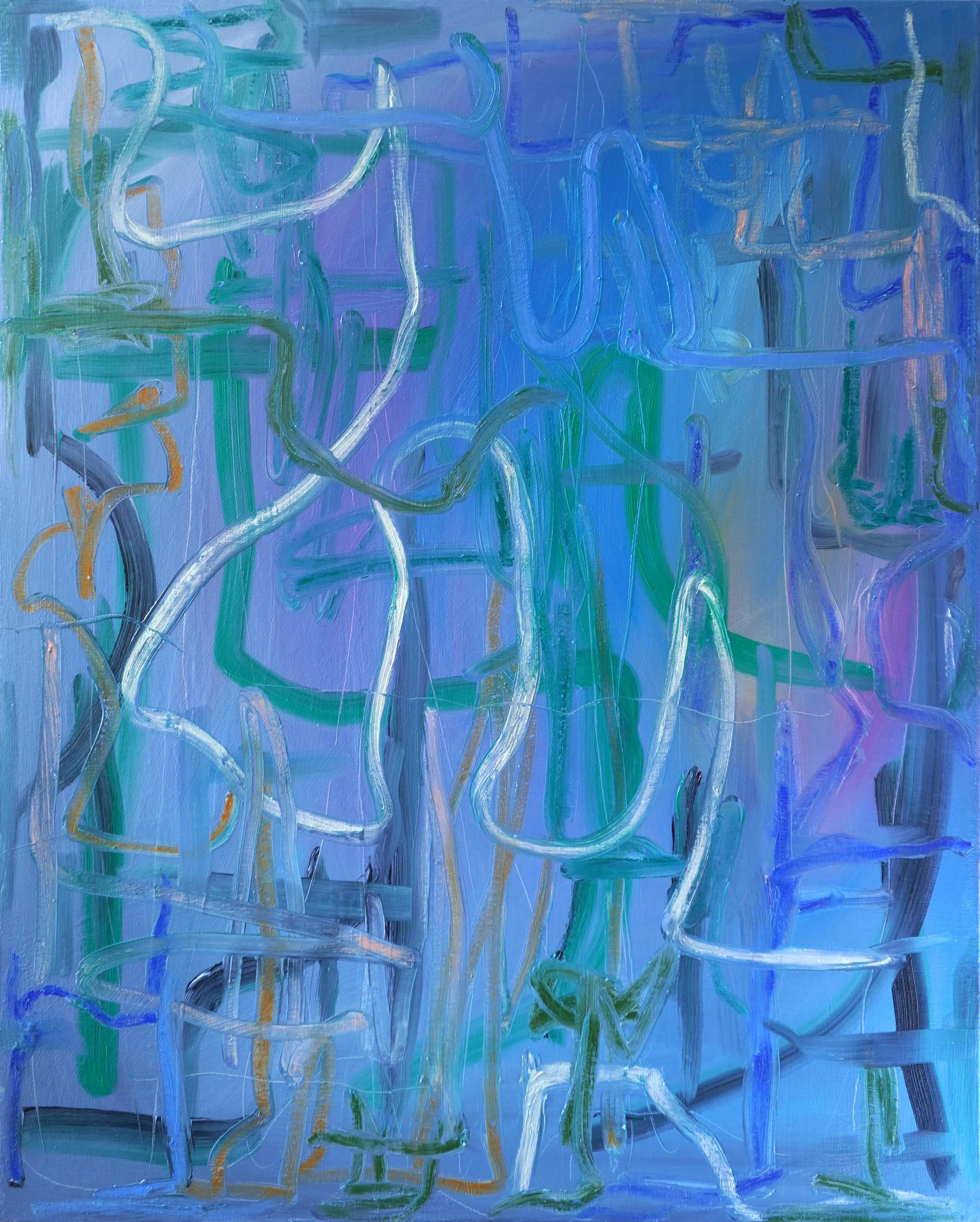 Traces of Presence by Gedi Campbell, 75x60cm, abstract painting in oil paint and oil stick on canvas from the Unbound series. Features scraped palette knife marks and fluid gestures.