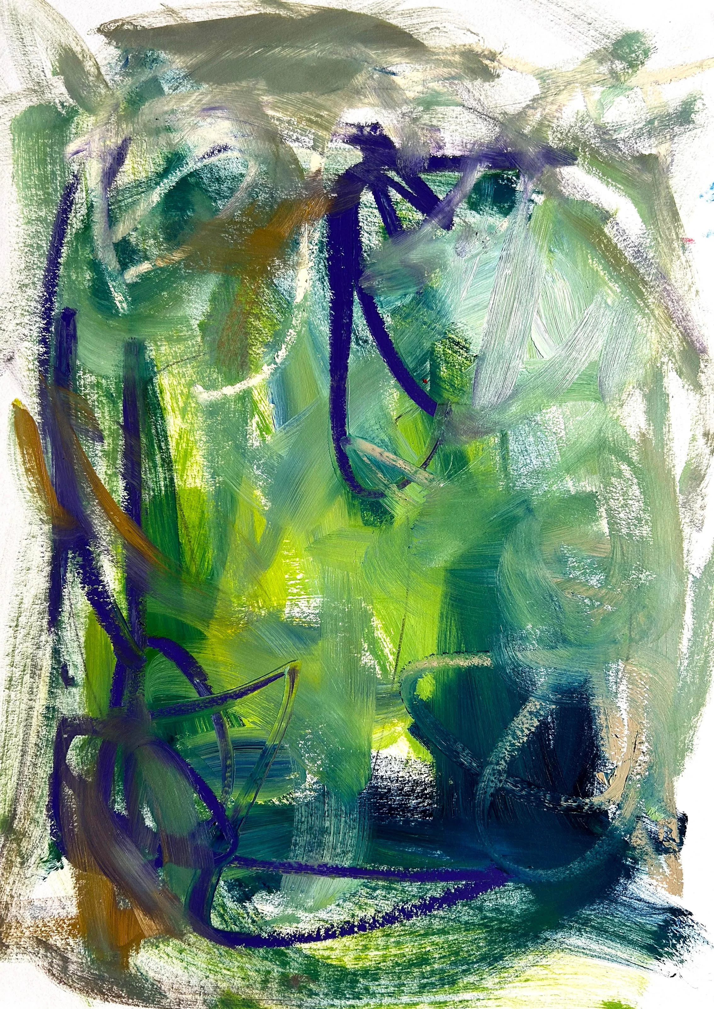 Bold abstract painting on paper in oil paints and oil sticks showing, sweeping directional gestures dominated by bright green and dark blue coloured oil paint with pops of purple and ochre coloured oil sticks and graphite lines.